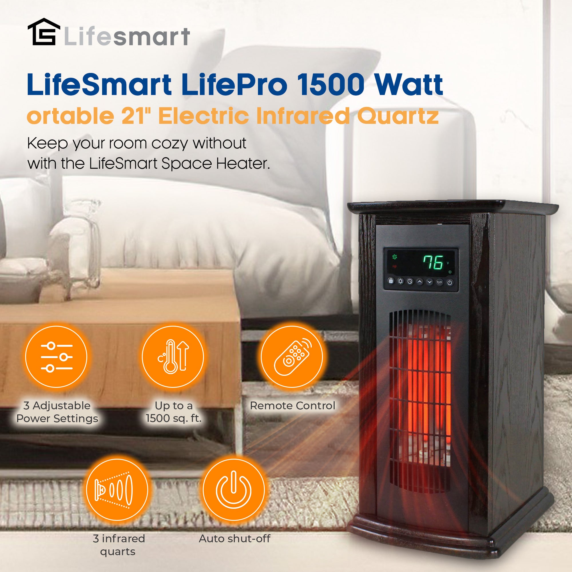 LifeSmart Electric Tower Heater, Portable Infrared Quartz Space Heater, 1500W - VMInnovations