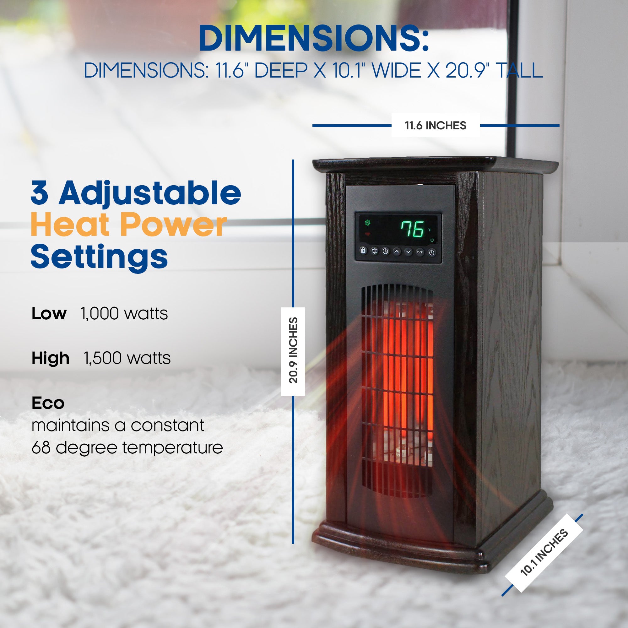 LifeSmart Electric Tower Heater, Portable Infrared Quartz Space Heater, 1500W - VMInnovations