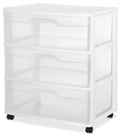 Sterilite Wide 3 Drawer Rolling Storage Cart Container, Clear with White Frame