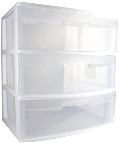 Sterilite Wide 3 Drawer Rolling Storage Cart Container, Clear with White Frame