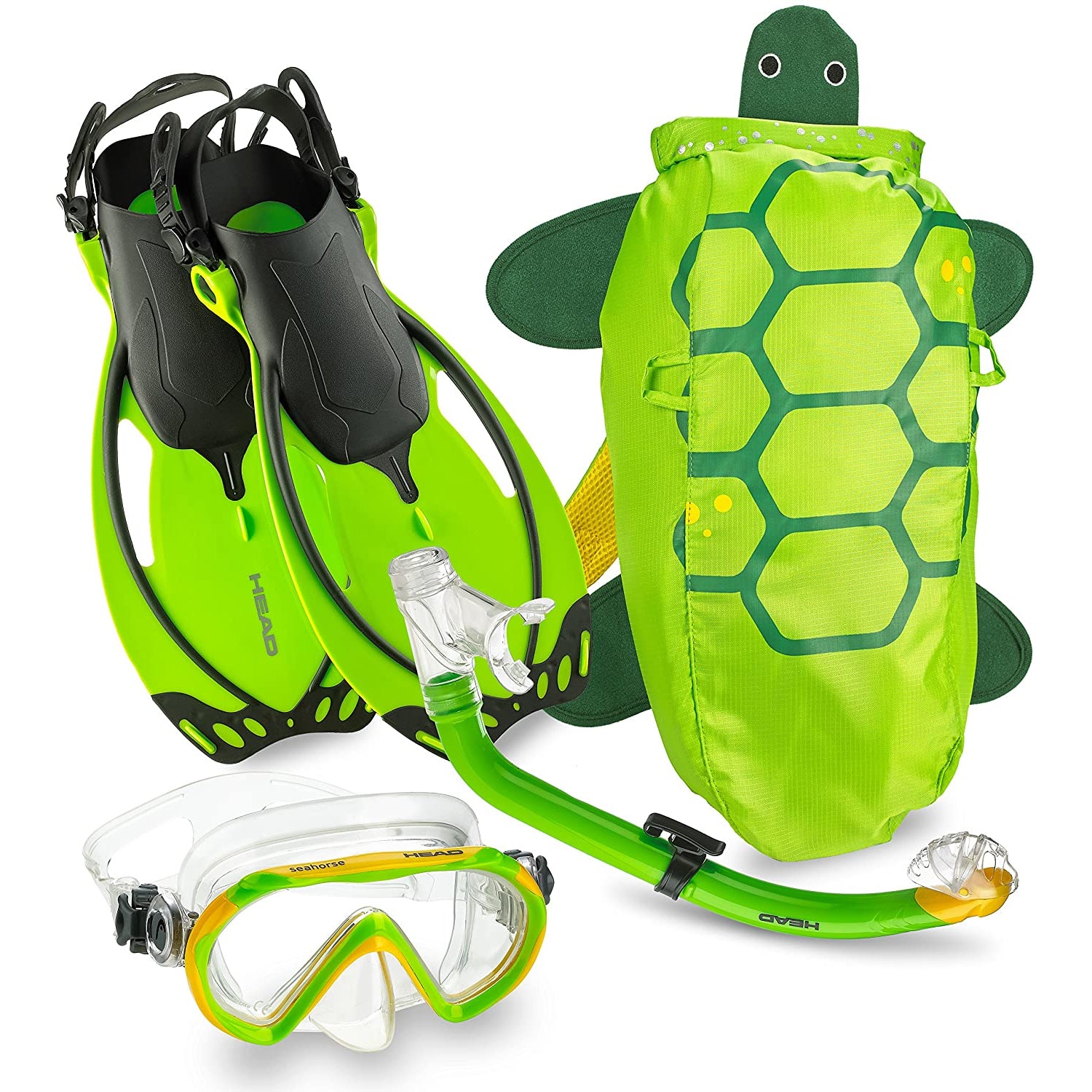HEAD Premium Youth Sea Pals Snorkel Mask & Fins Set, Green, SM (Open Box)