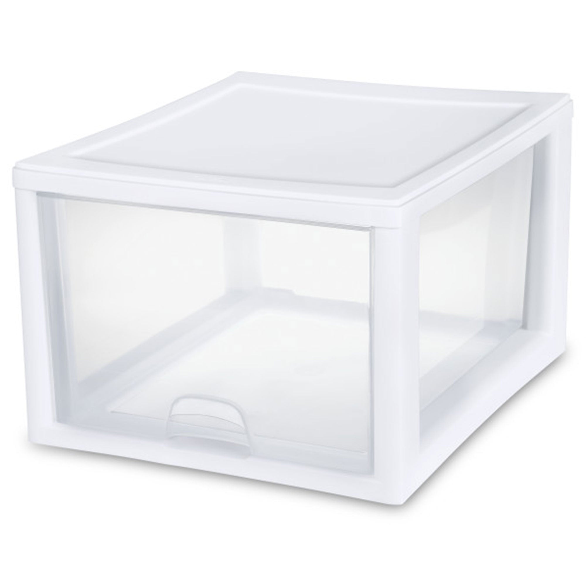 Sterilite 27 Quart Clear & White Plastic Storage Bin with One Drawer, 16 Pack