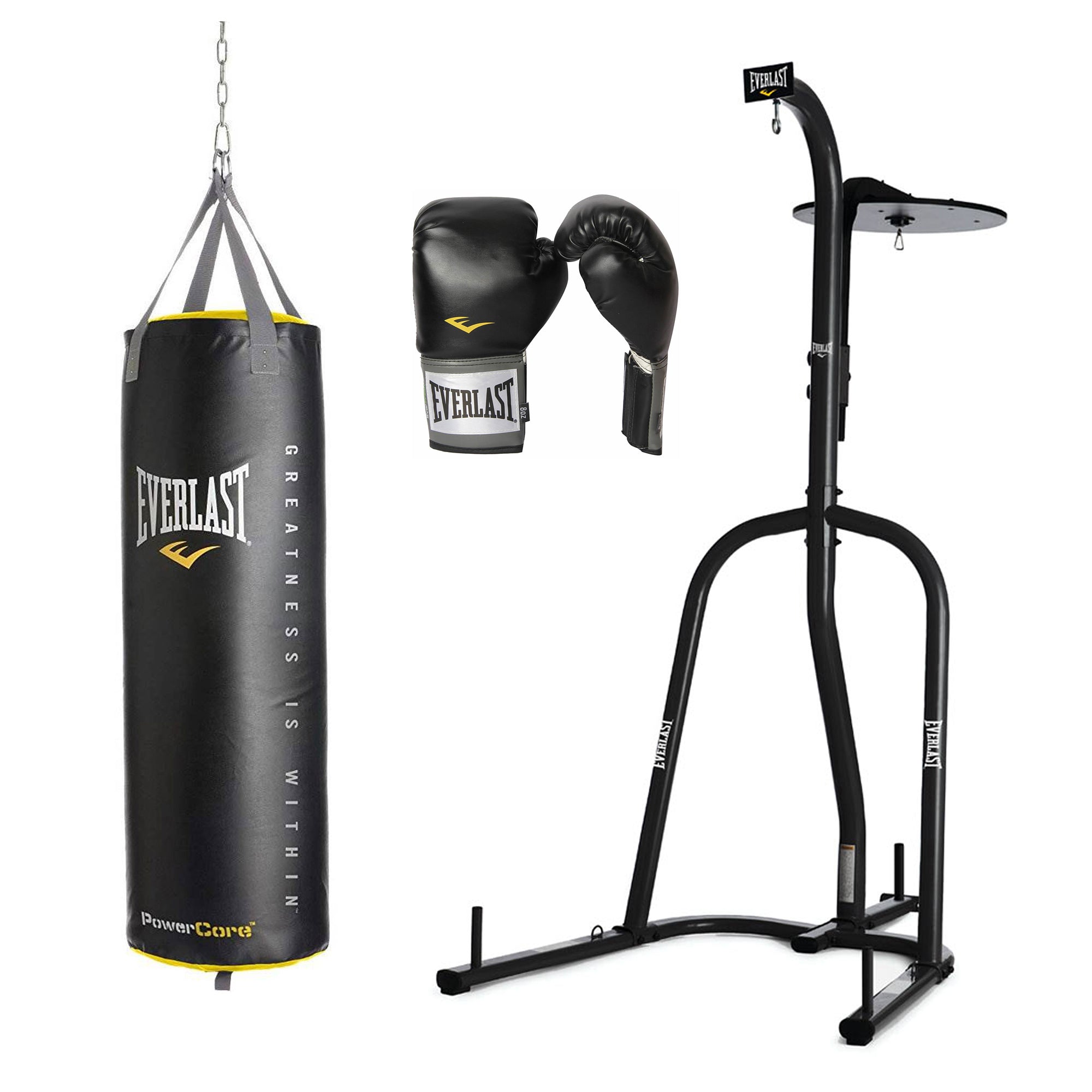 Everlast 2 Station Bag Stand, Powercore 100lb Hanging Bag, & 16 Oz Boxing Gloves