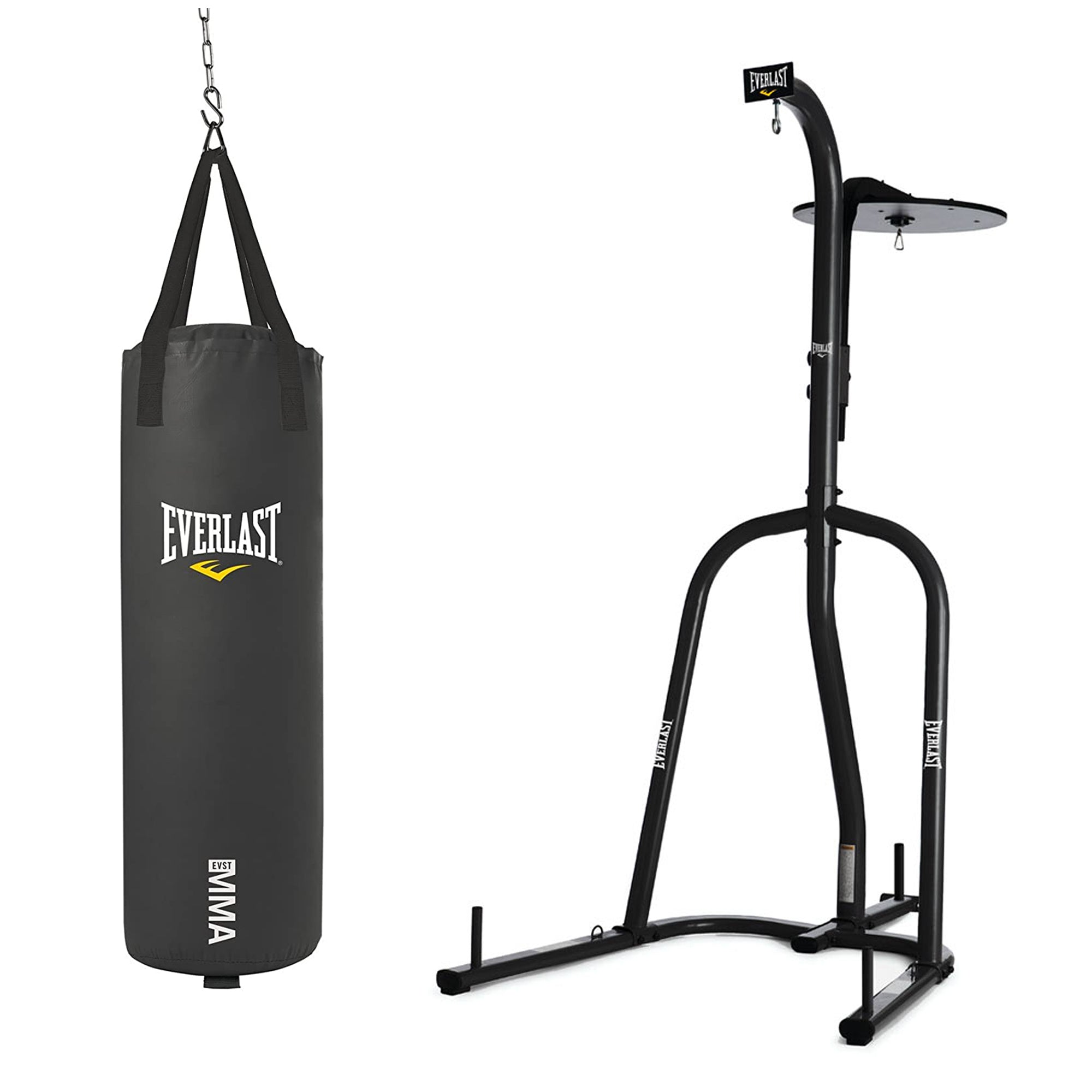 Everlast Dual Station Bag Stand and MMA 70 Pound Polycanvas Hanging Bag, Black
