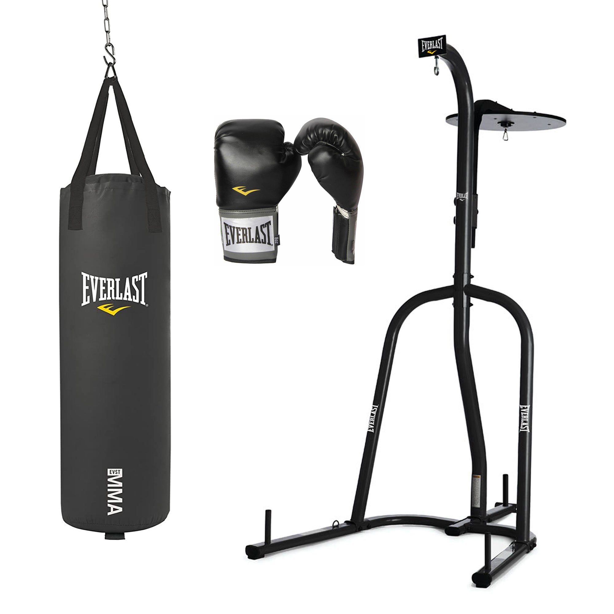 Everlast Heavy and Speed Bag Stand w/ 70lb Heavy Bag and Training Gloves, Black