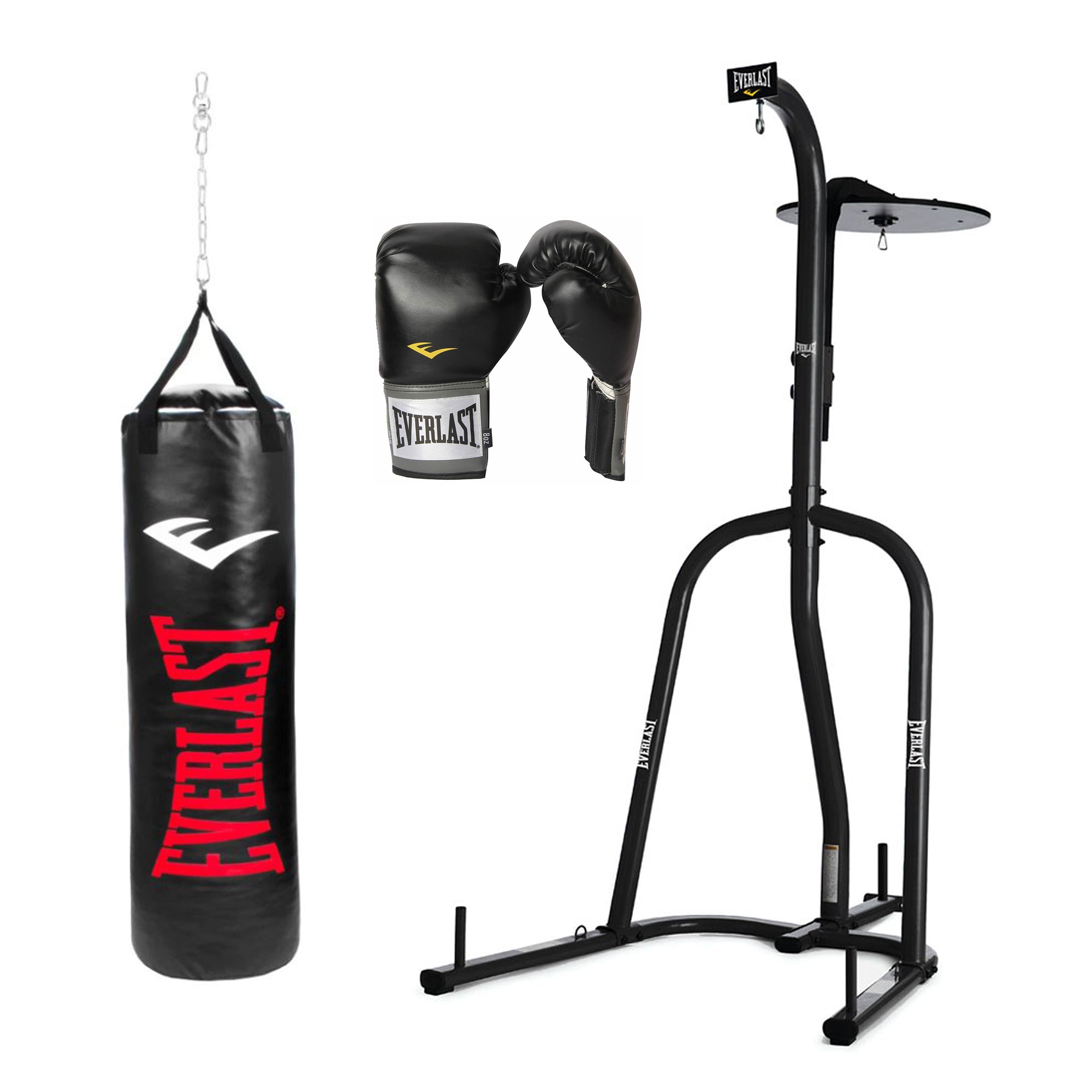 Everlast 2 Station Bag Stand w/NevaTear 100lb Punching Bag & 16oz Boxing Gloves