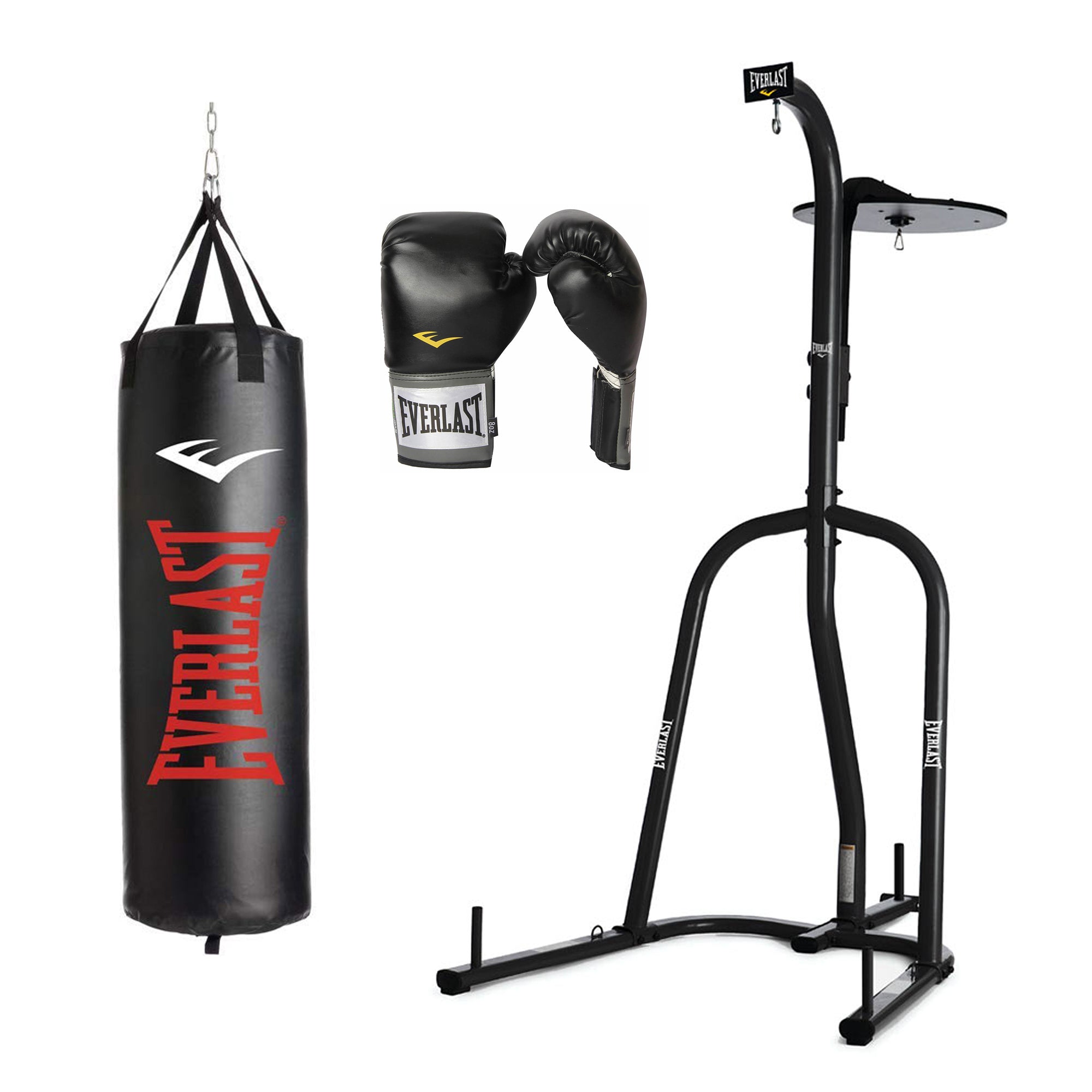 Everlast 2 Station Bag Stand w/ NevaTear 70lb Punching Bag & 16oz Boxing Gloves