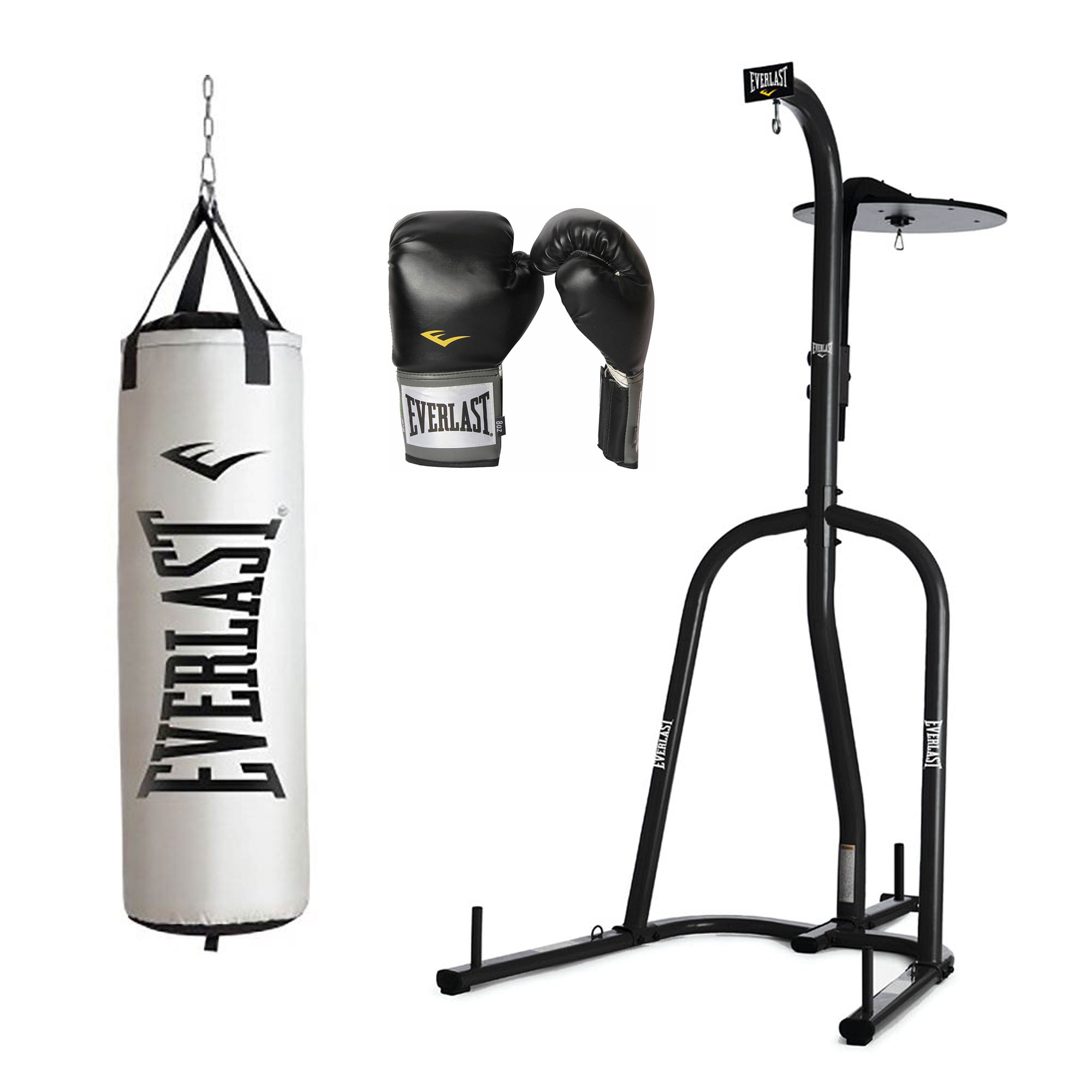 Everlast 2 Station Bag Stand w/ NevaTear 60lb Punching Bag & 16oz Boxing Gloves