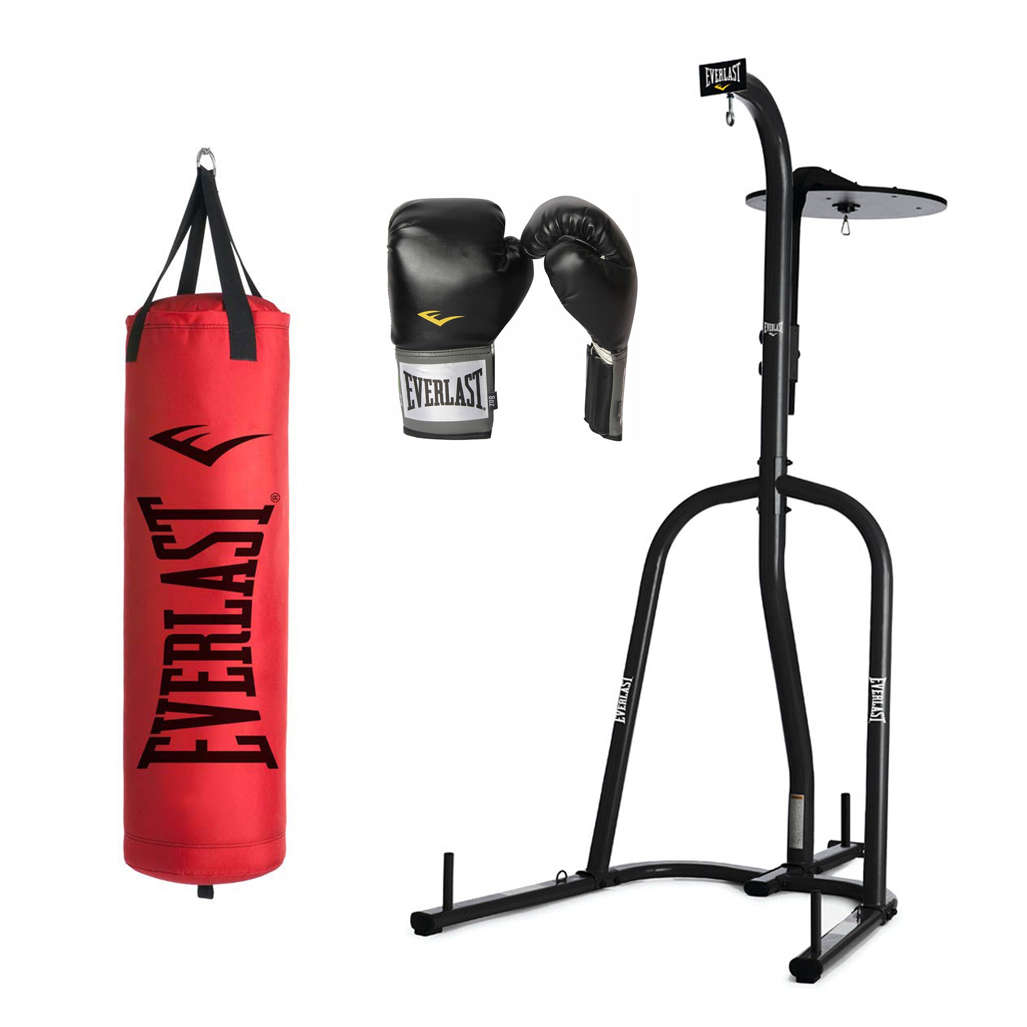 Everlast 2 Station Bag Stand w/ NevaTear 80lb Punching Bag & 16oz Boxing Gloves