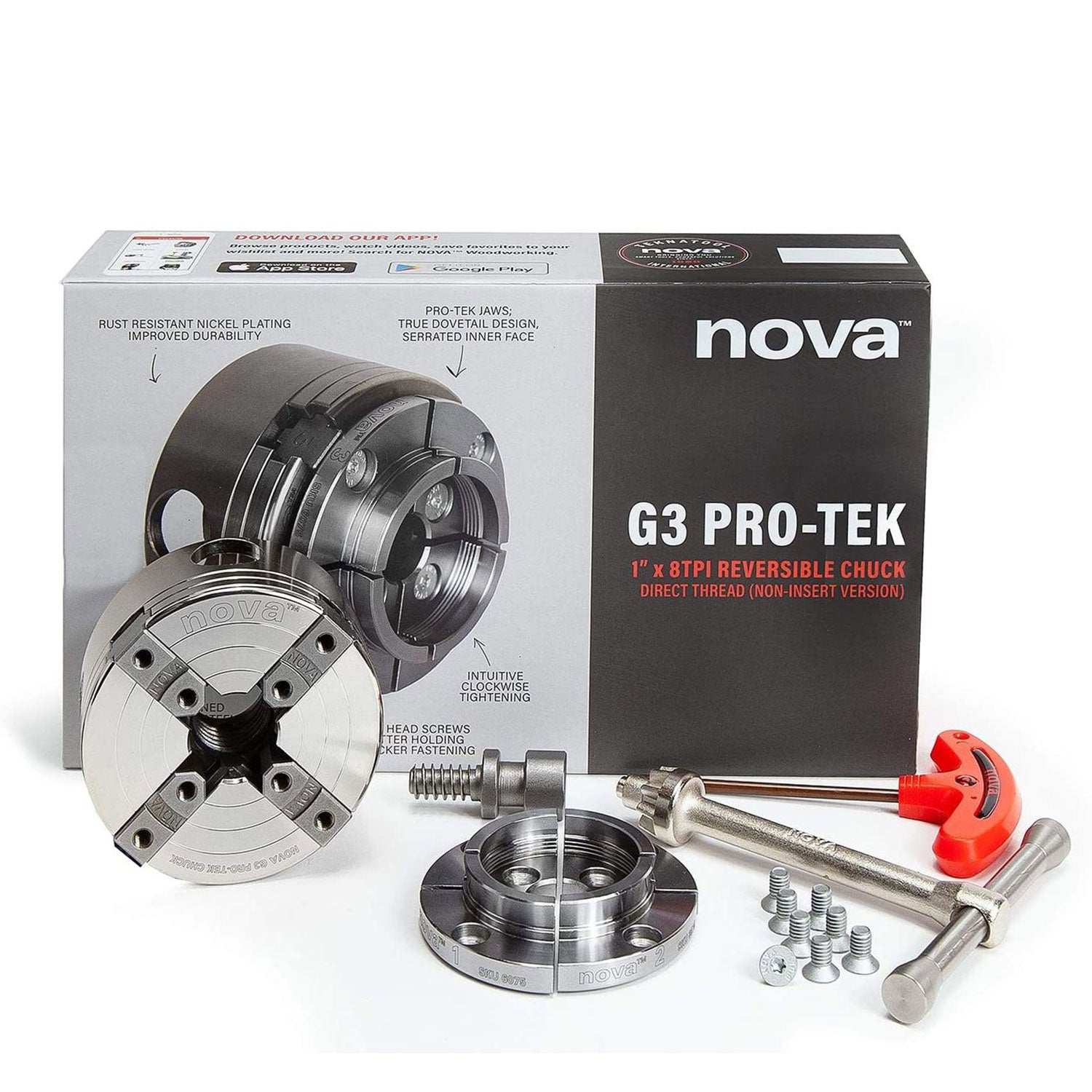 NOVA 48291 PRO-TEK G3 1" x 8 TPI Direct Thread Chuck and Jaw Set w/ T Bar Wrench