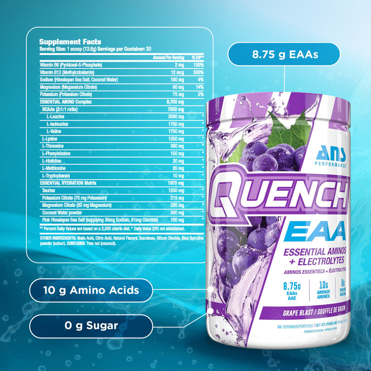 ANS Performance Quench EAA Hydration Drink Mix with Electrolytes, Grape Blast
