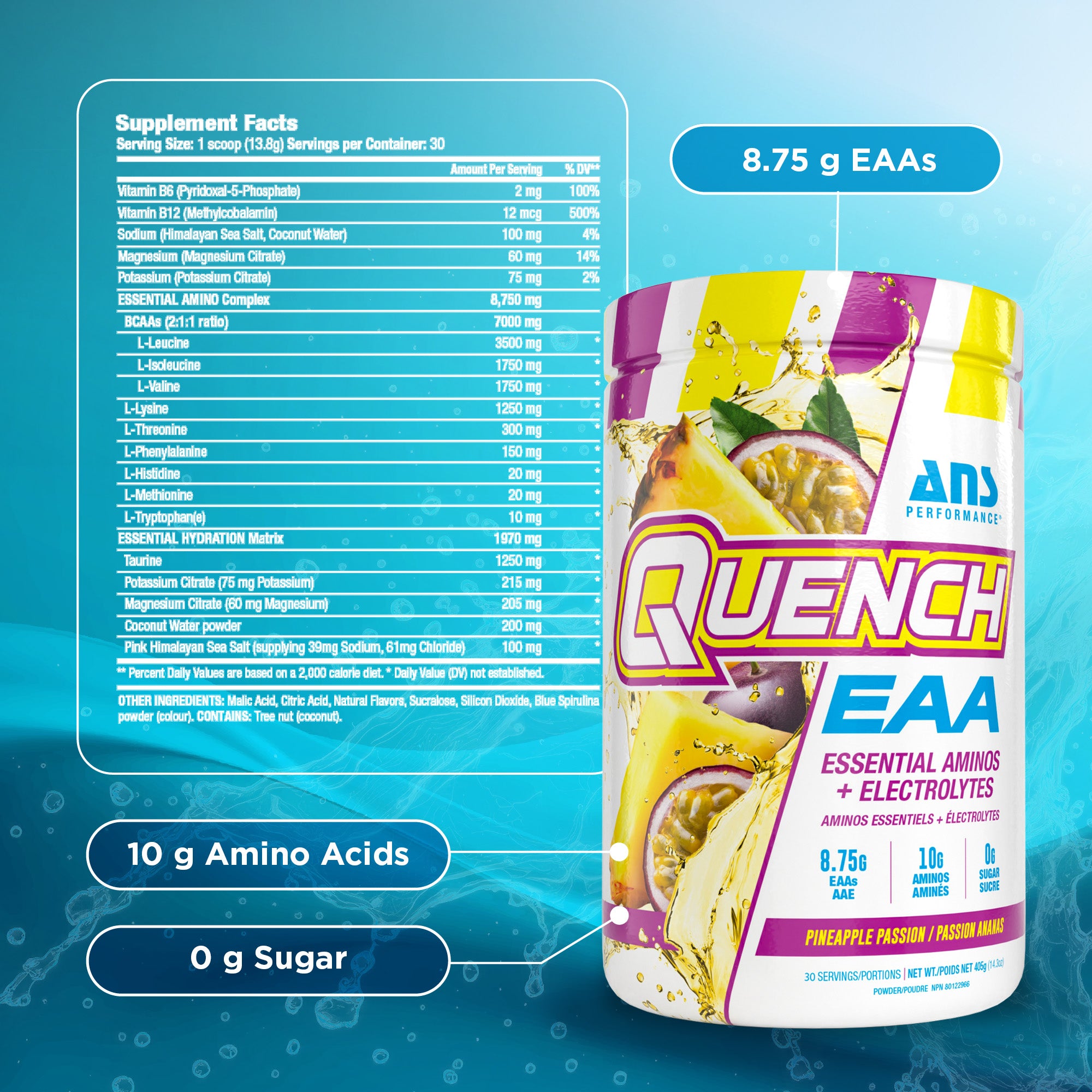 ANS Performance Quench EAA Drink Mix with Electrolytes, Pineapple Passionfruit