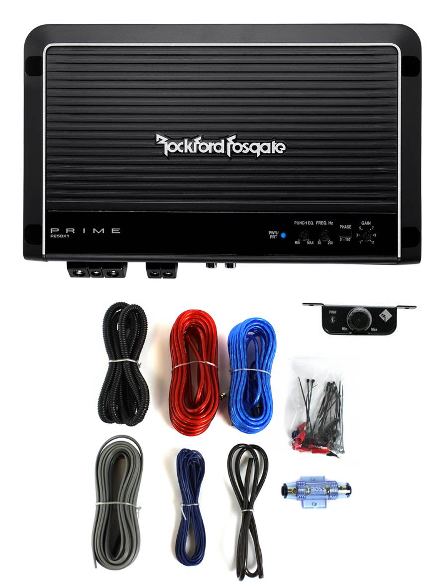 Rockford Fosgate R250X1 250W Mono AB Car Amplifier + 8 Gauge Amp Kit + Remote