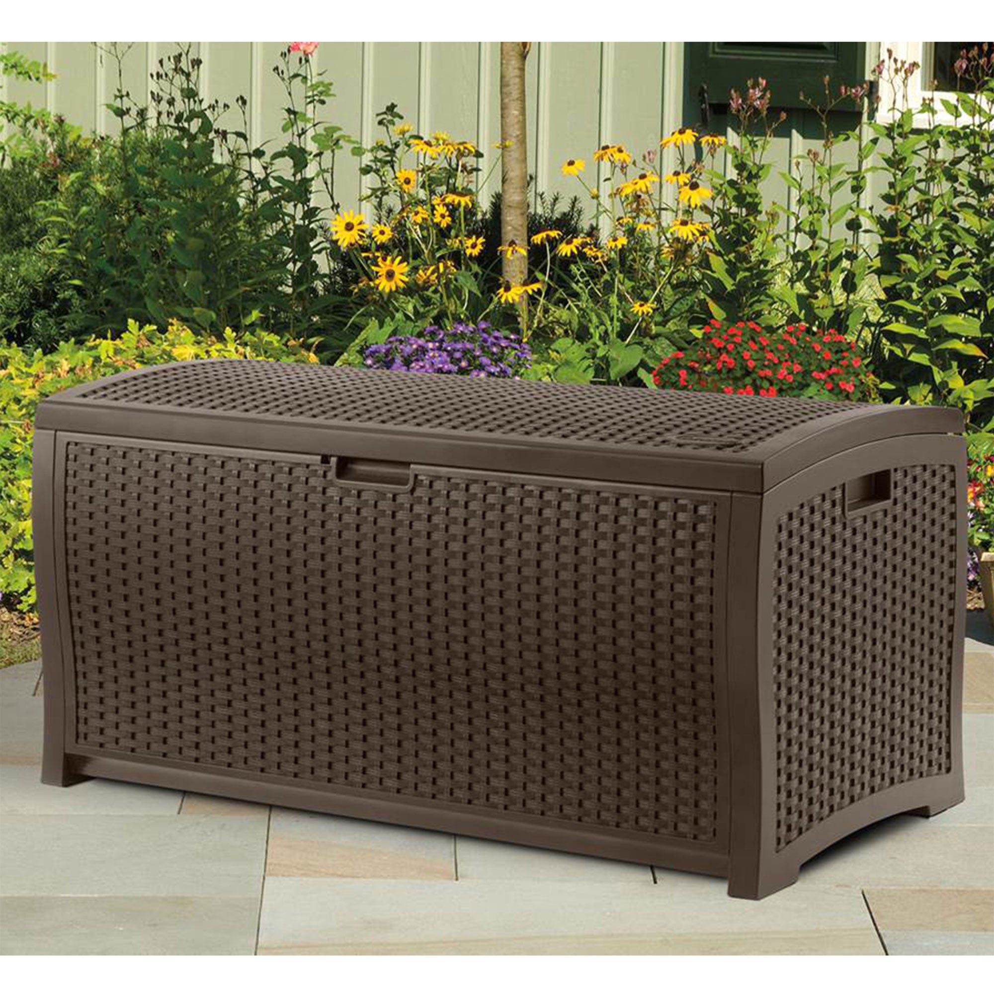 Suncast 73 Gallon Mocha Wicker Resin Outdoor Patio Storage Deck Box | Open Box