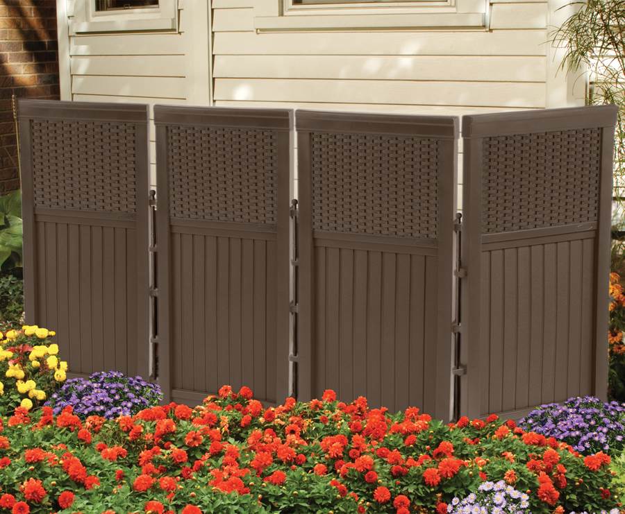 Suncast Trash Hideaway 33 Gallon Capacity Resin Wicker Outdoor Garbage Container (2 Pack)Suncast FSW4423 Backyard and Garden Patio Rust-Resistant Screen Gate/Fence, Java