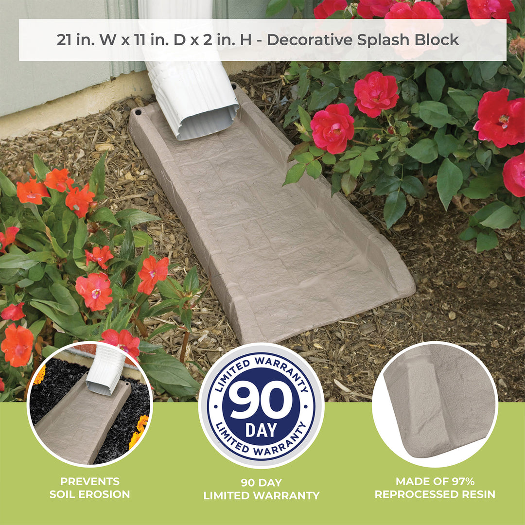Suncast SB24 Decorative Rain Gutter Downspout Garden Splash Block, Light Taupe - VMInnovations