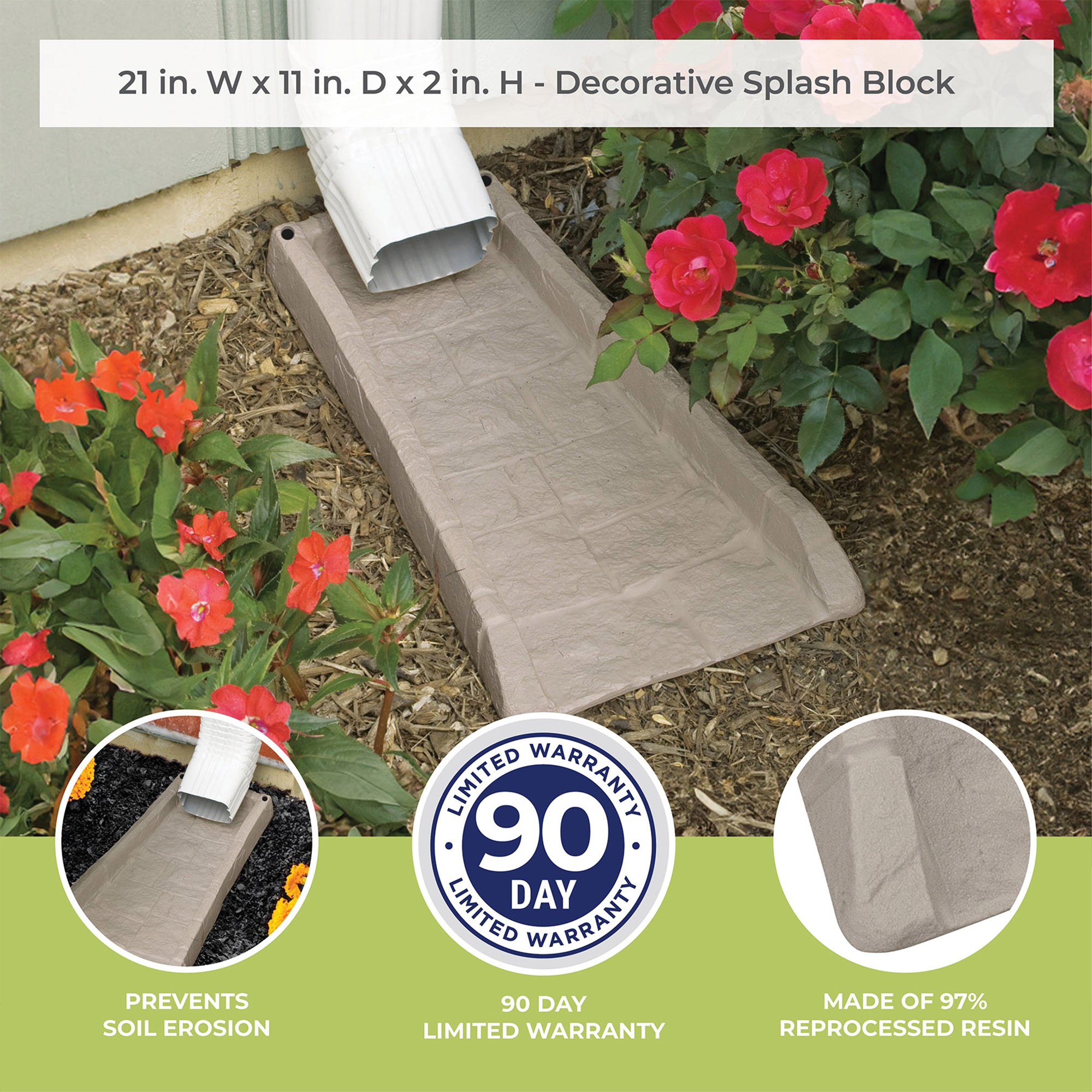 Suncast SB24 Decorative Rain Gutter Downspout Garden Splash Block, Light Taupe - VMInnovations