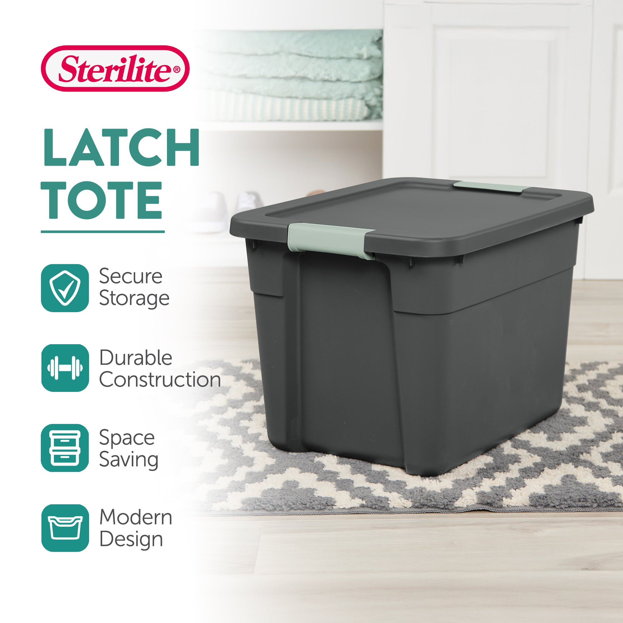 Sterilite 18Pk Latch Tote, Stackable Plastic Storage Container, 12Gal,Gray/Green