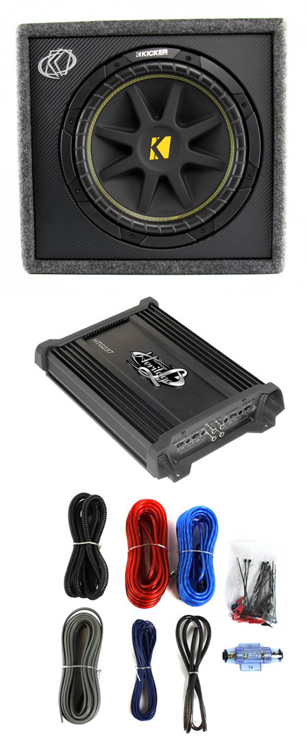 KICKER 10VC124 12" 300W Car Audio Subwoofer+Sub Box+Lanzar 2 Channel Amp+Amp Kit