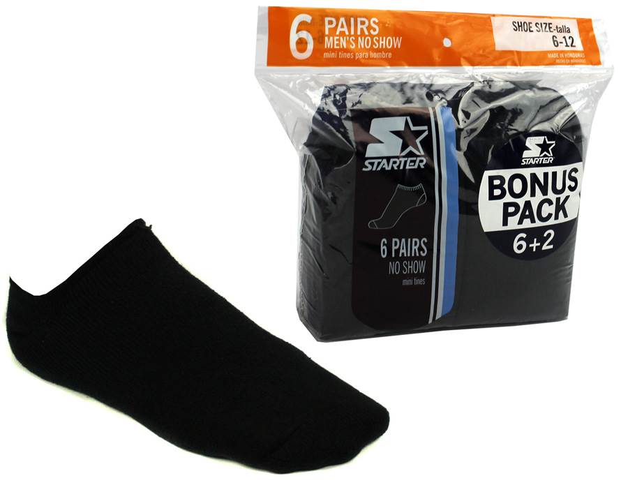 8 Pairs New Starter SM471B8 Men's No Show Socks Shoe Quality Black -Size 6-12
