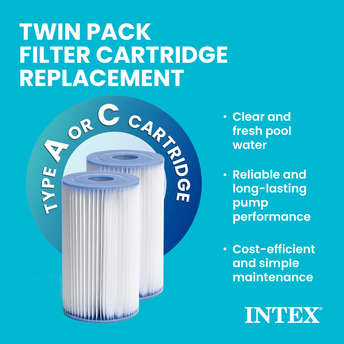 Intex Easy Set Type A or C Filter Replacement Cartridges Pack for Pool, 2 Pack