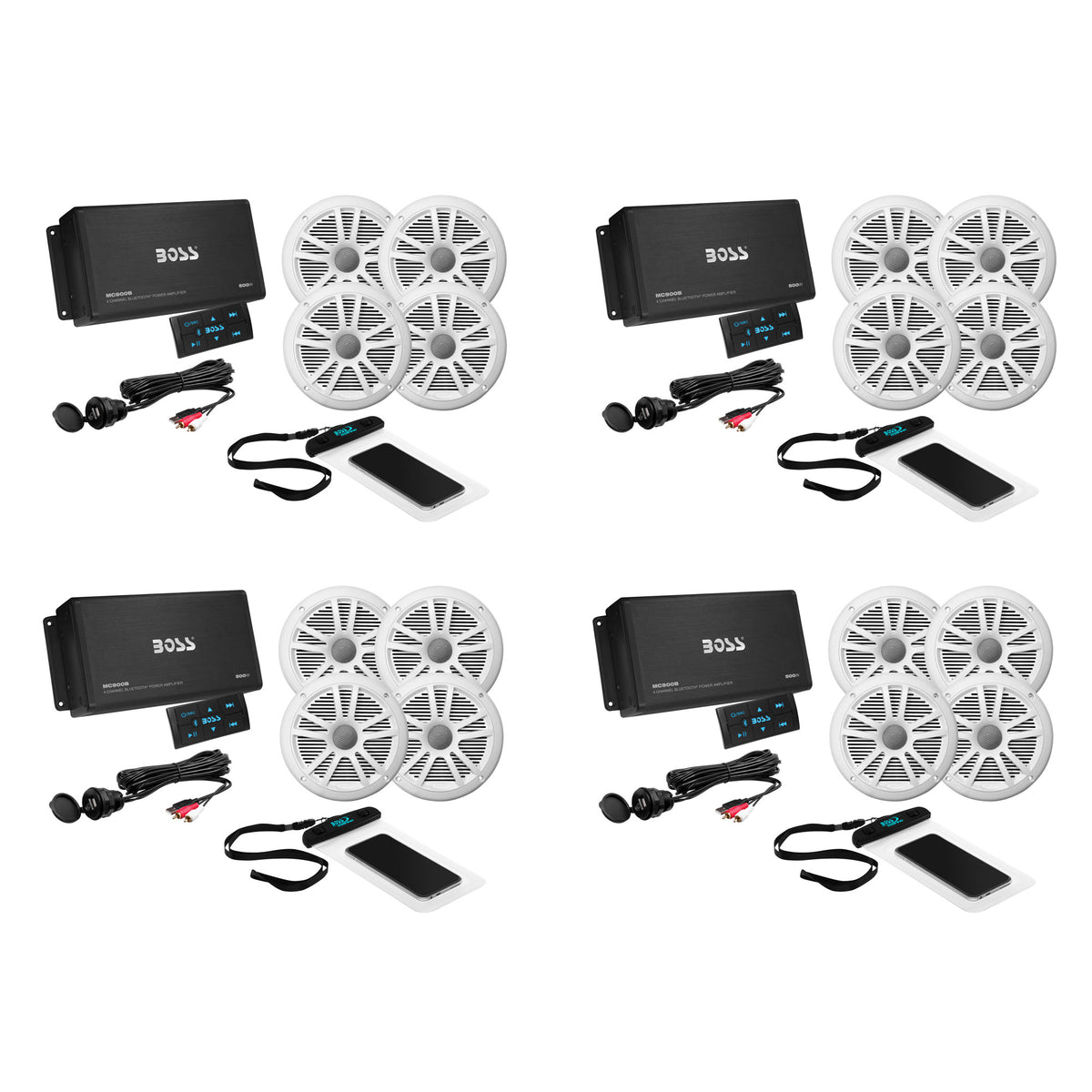 Boss Audio ASK904B.64 Marine Audio Amplifier, Speakers, USB Cable, & Phone Pouch (4 Pack)