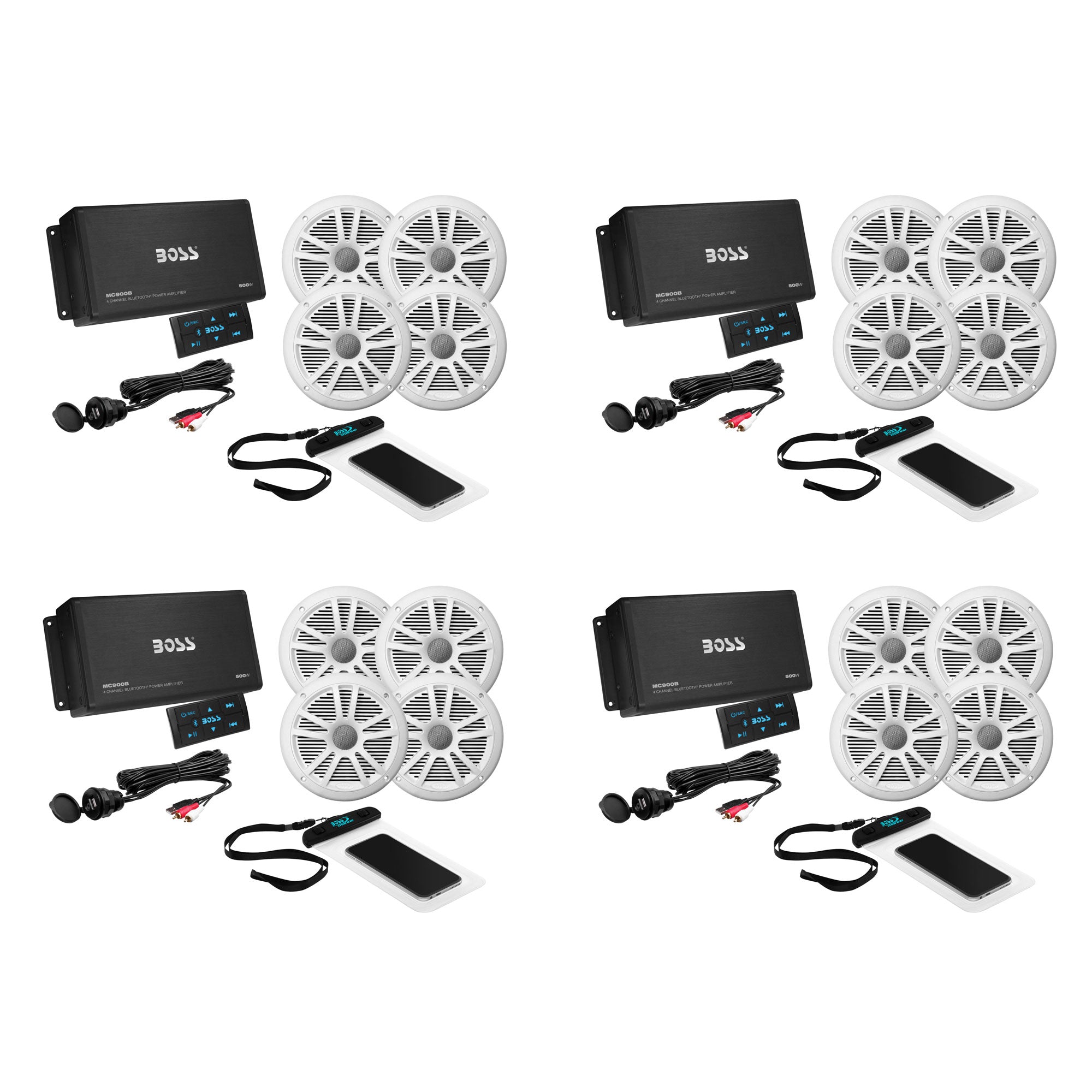 Boss Audio ASK904B.64 Marine Audio Amplifier, Speakers, USB Cable, & Phone Pouch (4 Pack) - VMInnovations