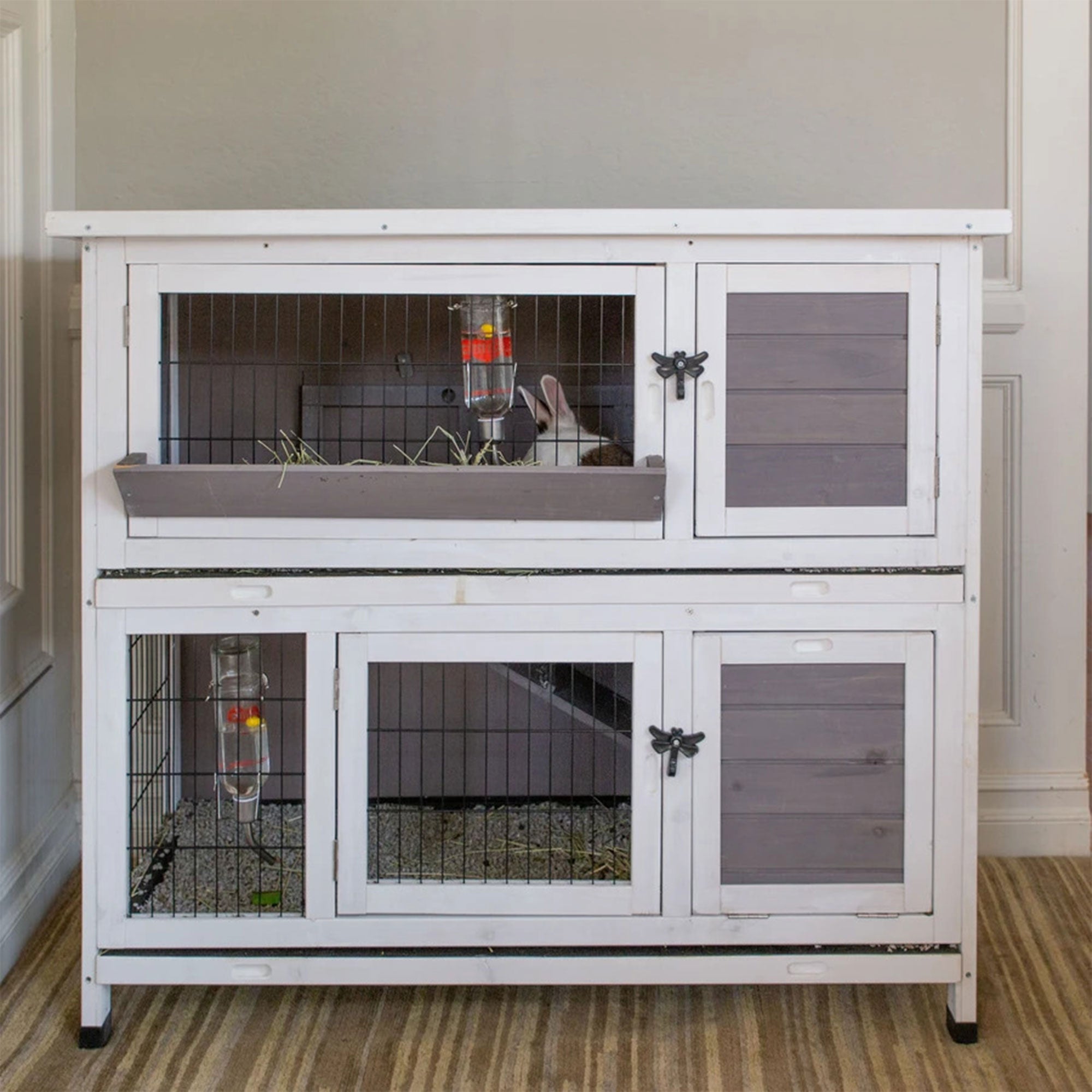 Indoor Outdoor Pet Bunny Hutch House Cage for Rabbits and Guinea Pigs, White (Refurbished)