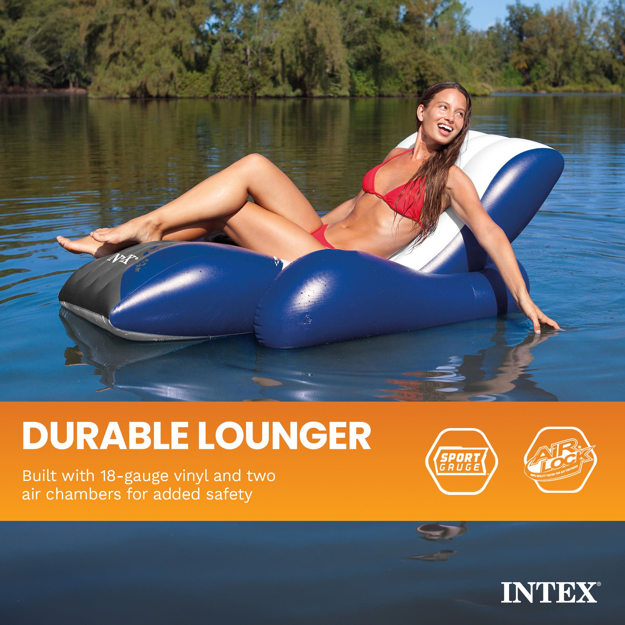 Intex Floating Recliner Inflatable Lake Lounge, Pool Float Chair w/ Cup Holders - VMInnovations