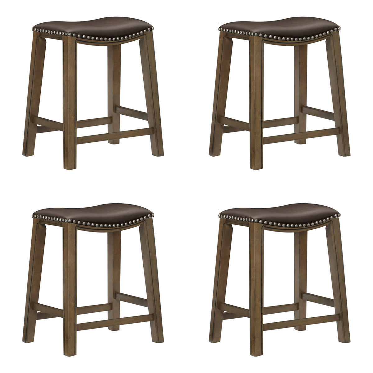 Homelegance 24" Counter Height Wooden Stool Saddle Seat Barstool, Brown (4 Pack)