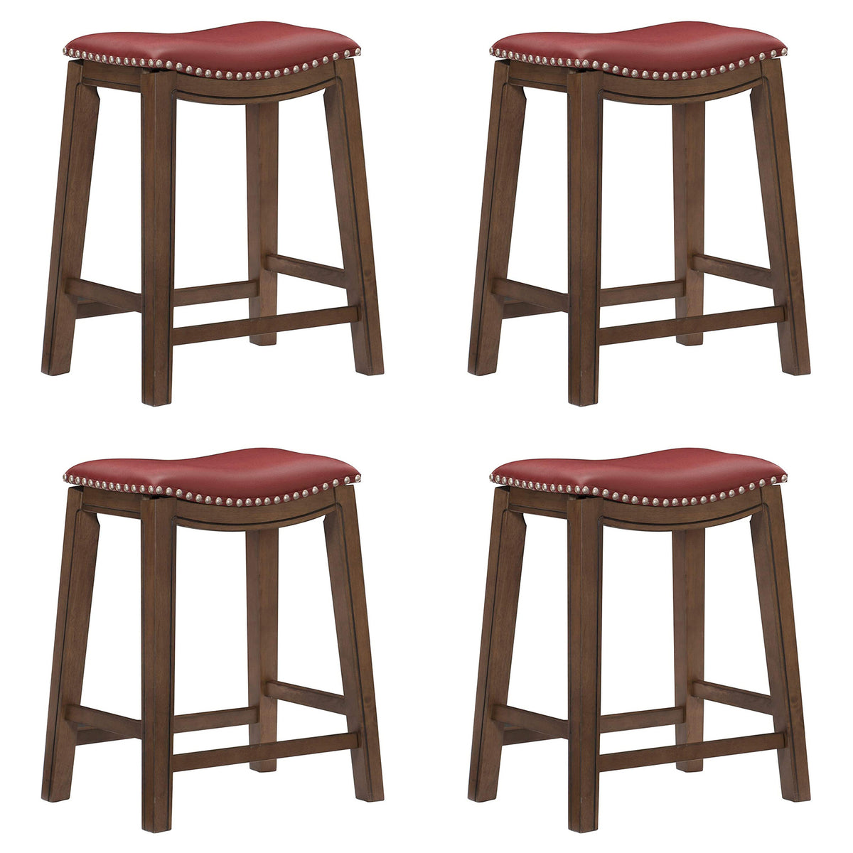 Homelegance 24" Counter Height Wooden Saddle Seat Barstool, Red (4 Pack)