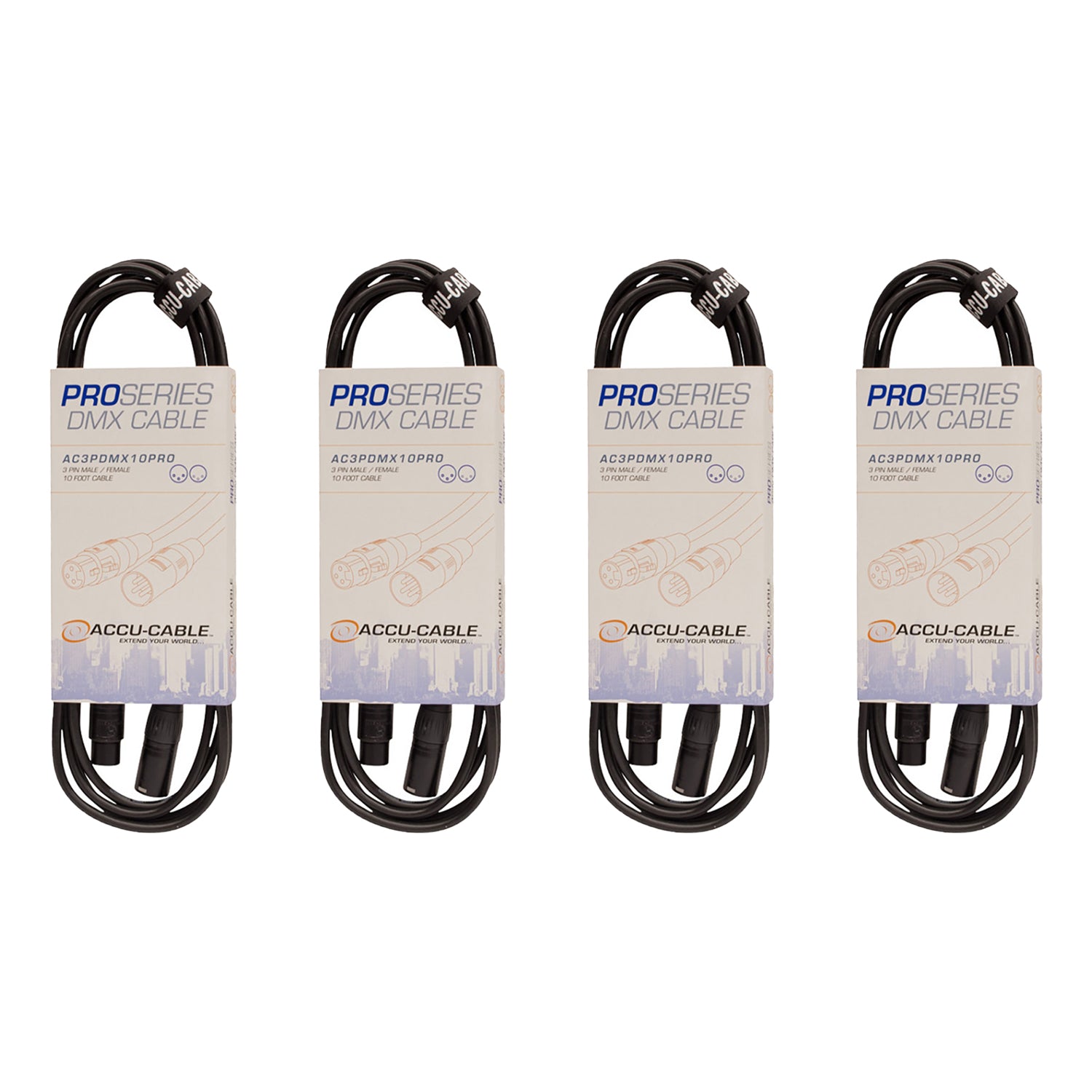 ADJ AC3PDMX10PRO Pro Series 10ft 3-Pin Male to Female Cable for DJ Sets (4 Pack)