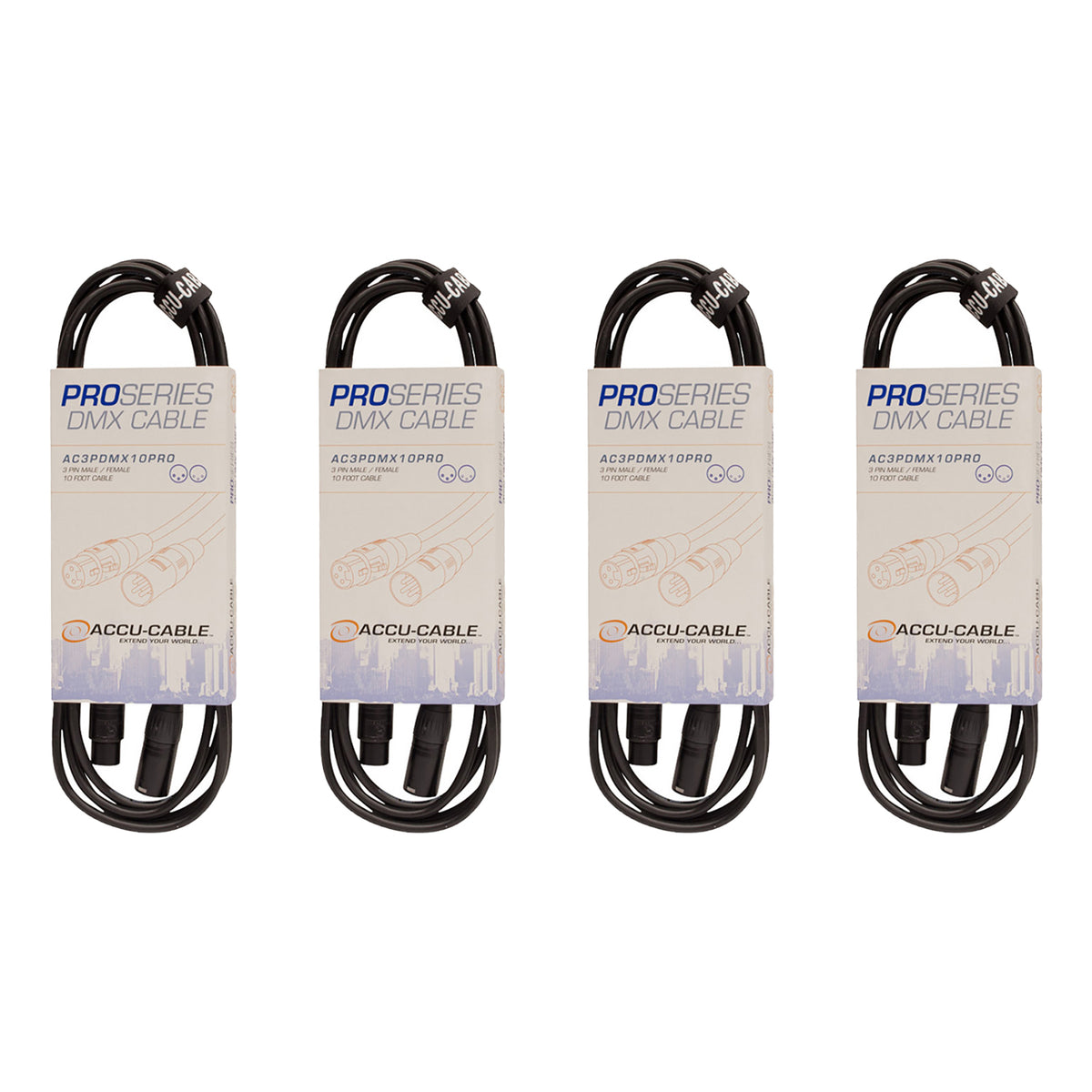 ADJ AC3PDMX10PRO Pro Series 10ft 3-Pin Male to Female Cable for DJ Sets (4 Pack)