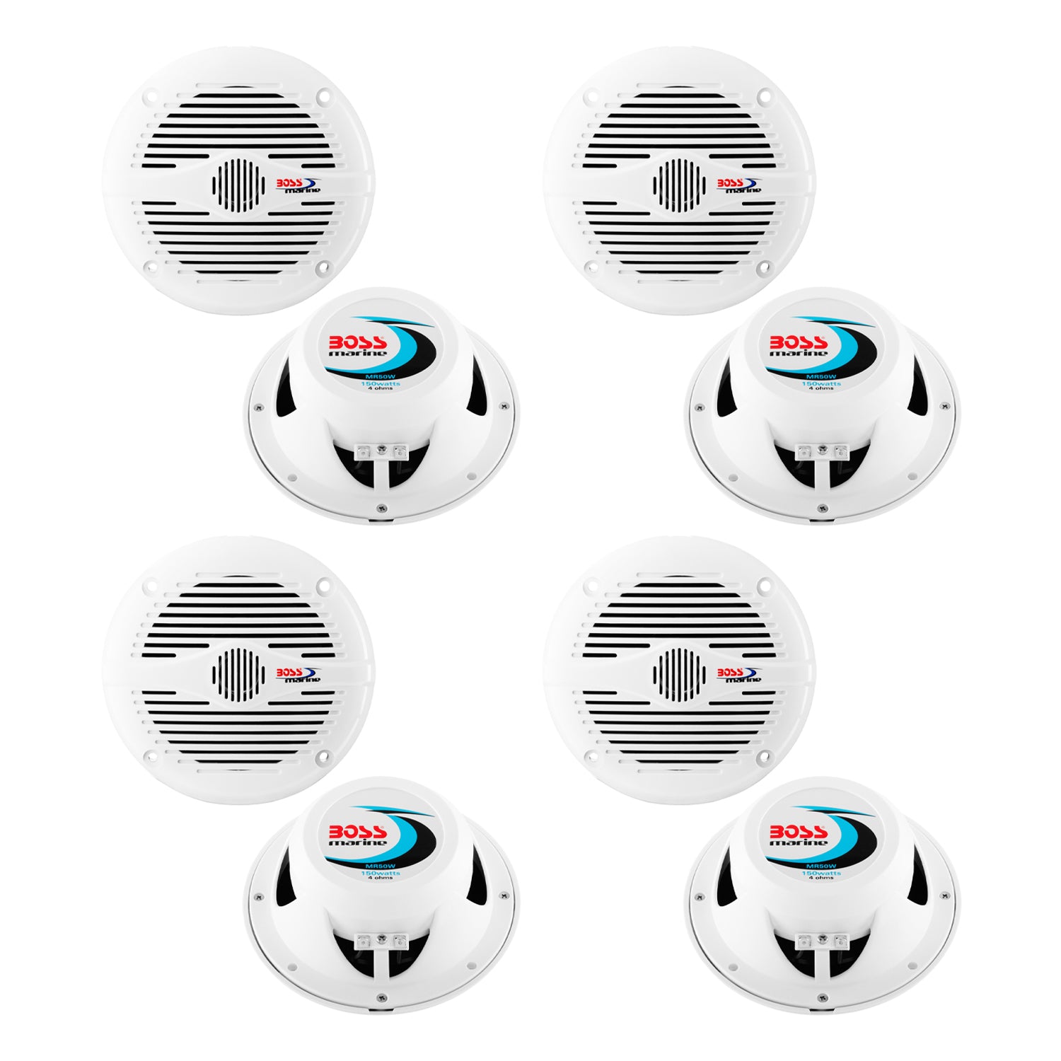BOSS MR50W 5.25" 2-Way 150W Marine/Boat Coaxial Audio Speakers - White (4 Pack)