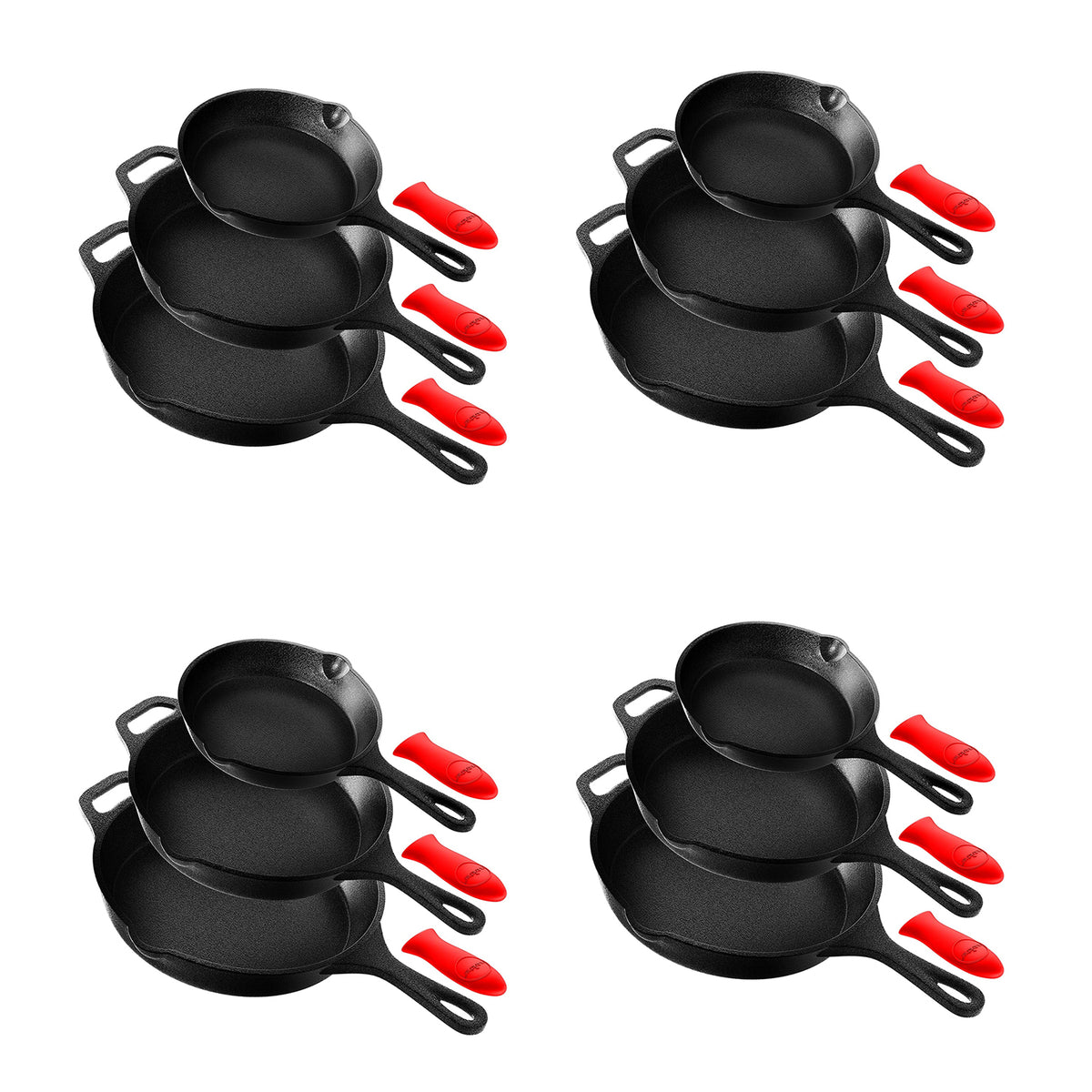 NutriChef 3 Piece Non Stick Pre Seasoned Cast Iron Skillet Fry Pan Set (4 Pack)