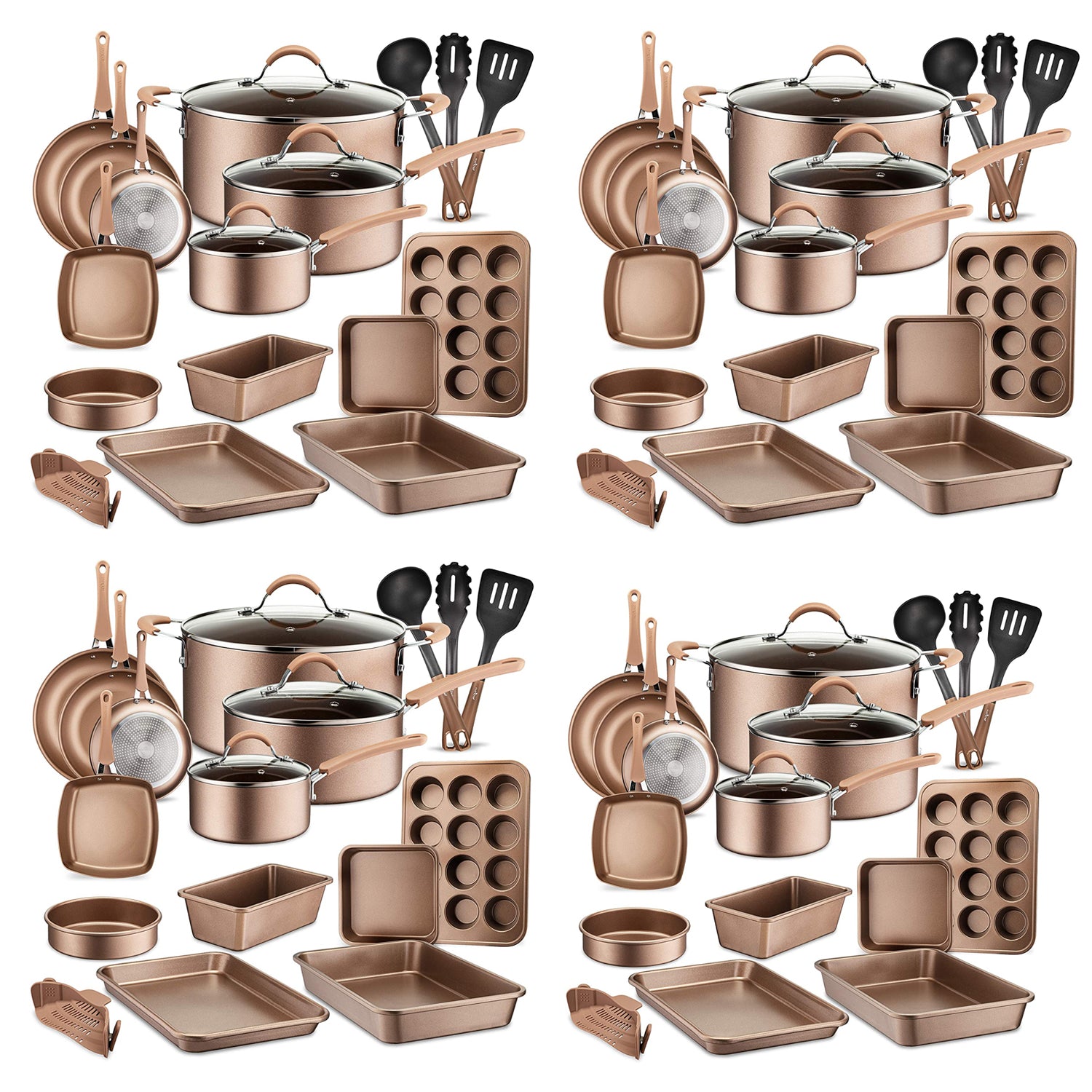 NutriChef 20 Piece Nonstick Kitchen Cookware Pots & Pans Set, Bronze (4 Pack) - VMInnovations