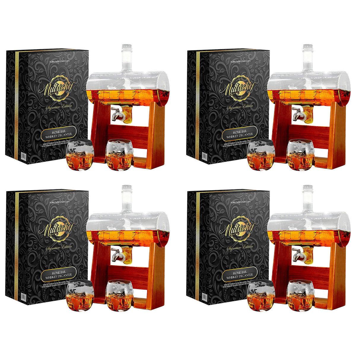 NutriChef Home Bar Glass Barrel Whiskey Carafe Alcohol Decanter Set (4 Pack)
