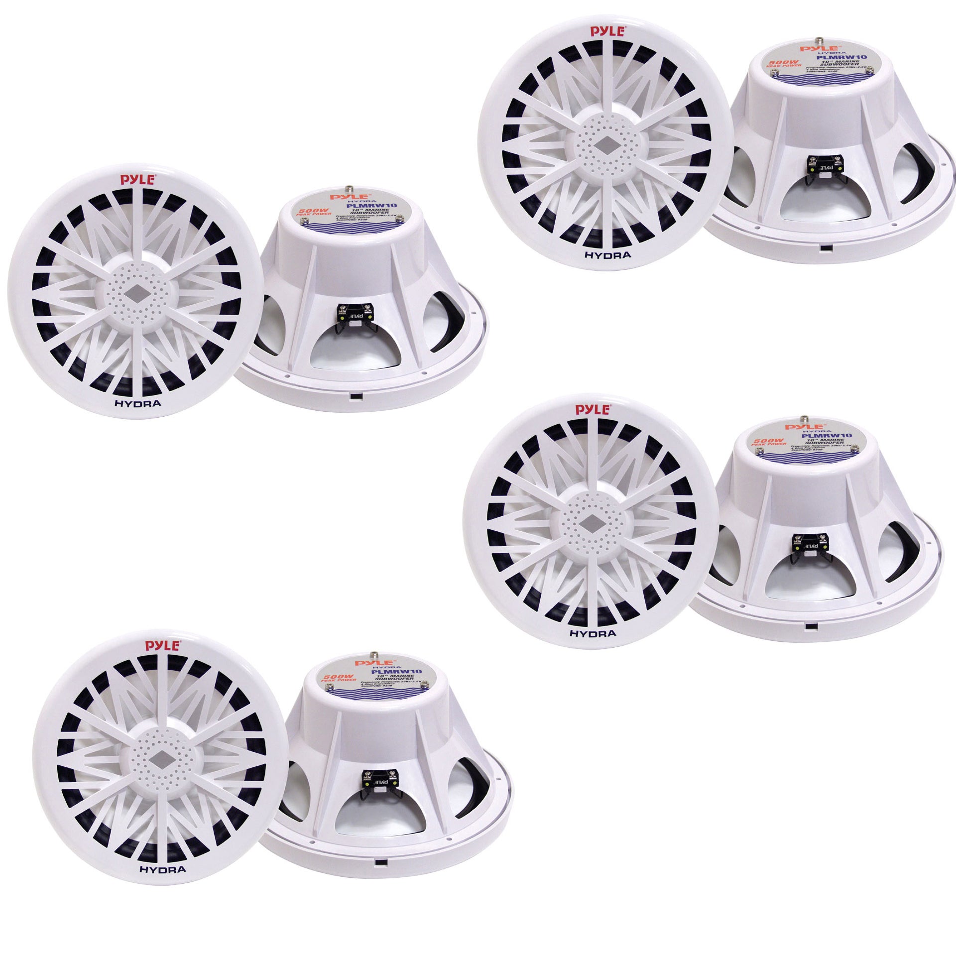 Pyle PLMRW10 10" 500 Watt Dual Marine Grade Stereo Speakers, White (8 Speakers)