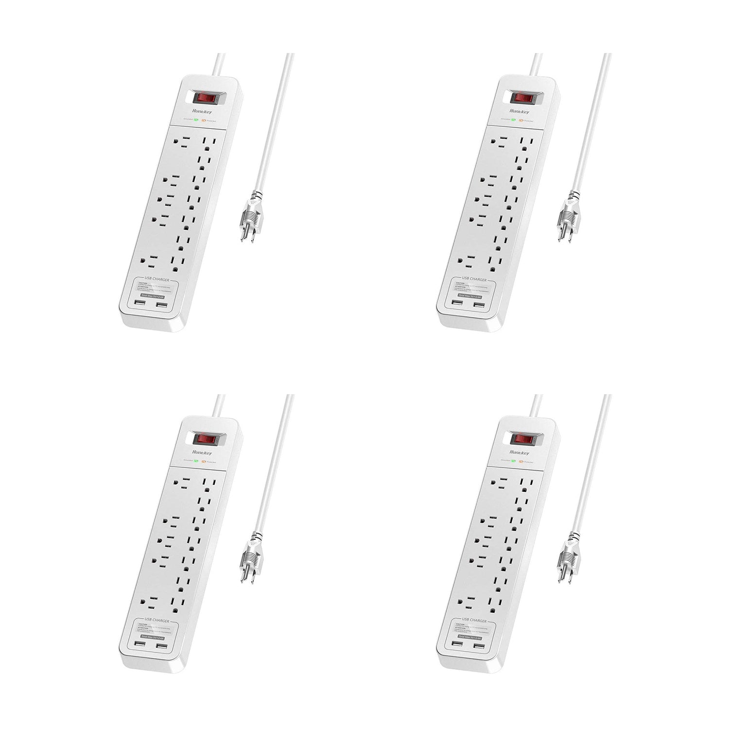 Huntkey Power Strip with 12 AC Sockets and 2 USB Charging Ports, White (4 Pack)