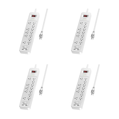 Huntkey Power Strip with 12 AC Sockets and 2 USB Charging Ports, White (4 Pack)