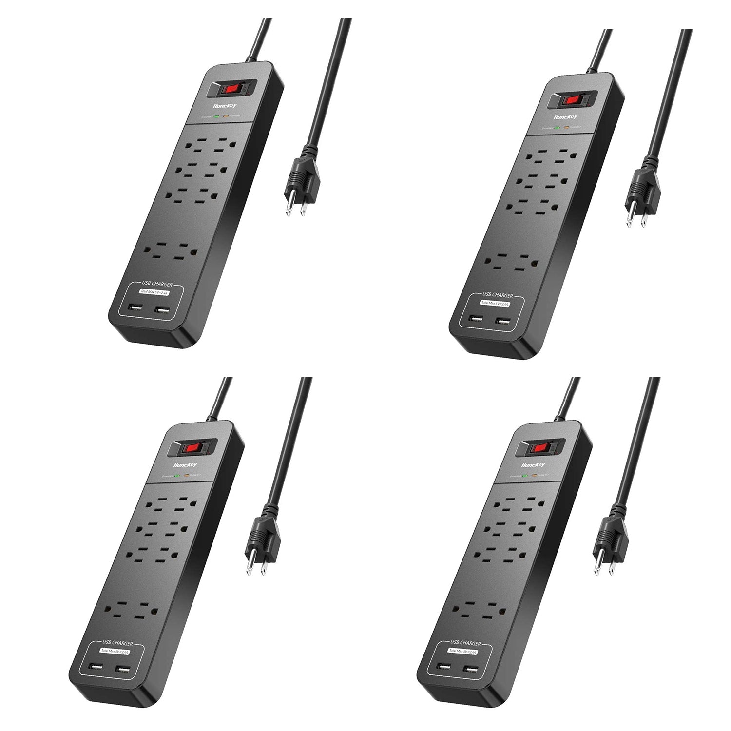 Huntkey Power Strip w/ Heavy Duty Cord, 8 Sockets, & 2 USB Ports, Black (4 Pack)