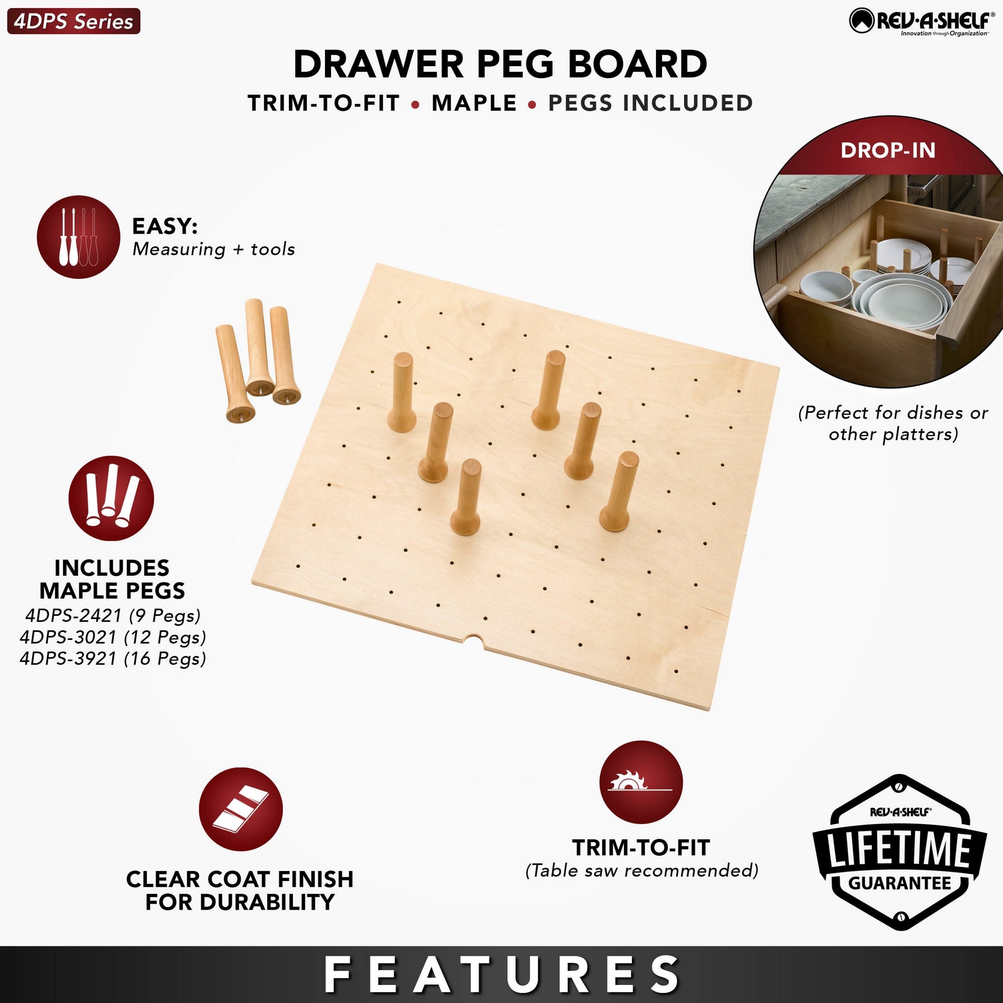 Rev-A-Shelf 30x21" Trimmable Pegboard Drawer Organizer with 12 Pegs, 4DPS-3021