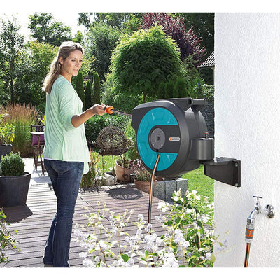 Gardena 8136 Pulsating Lawn Sprinkler Bundle with 50 Foot Garden Hose Reel Box
