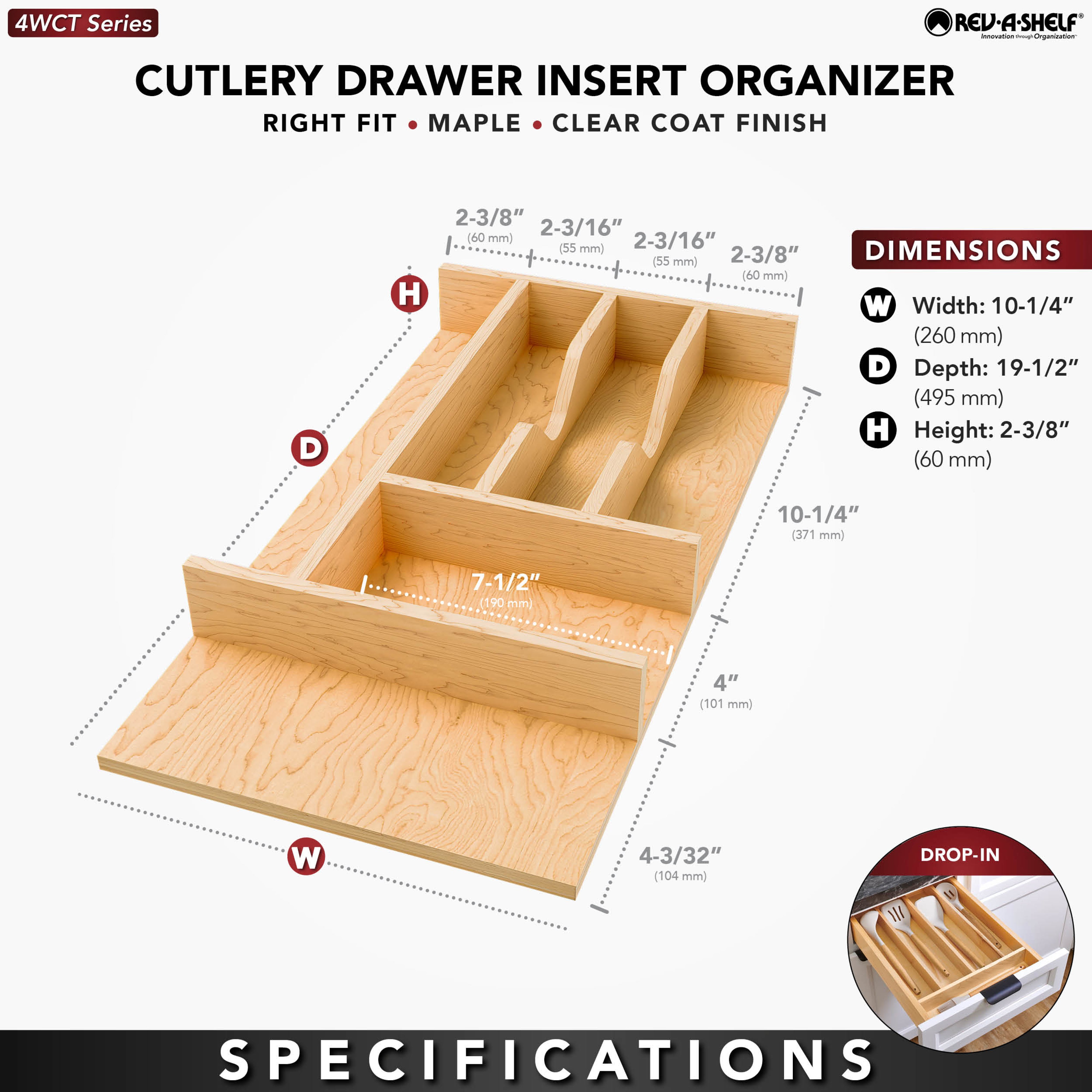 Rev-A-Shelf Natural Maple Right Size Utensil Drawer Insert, 10-1/4" x 19-1/2 - VMInnovations