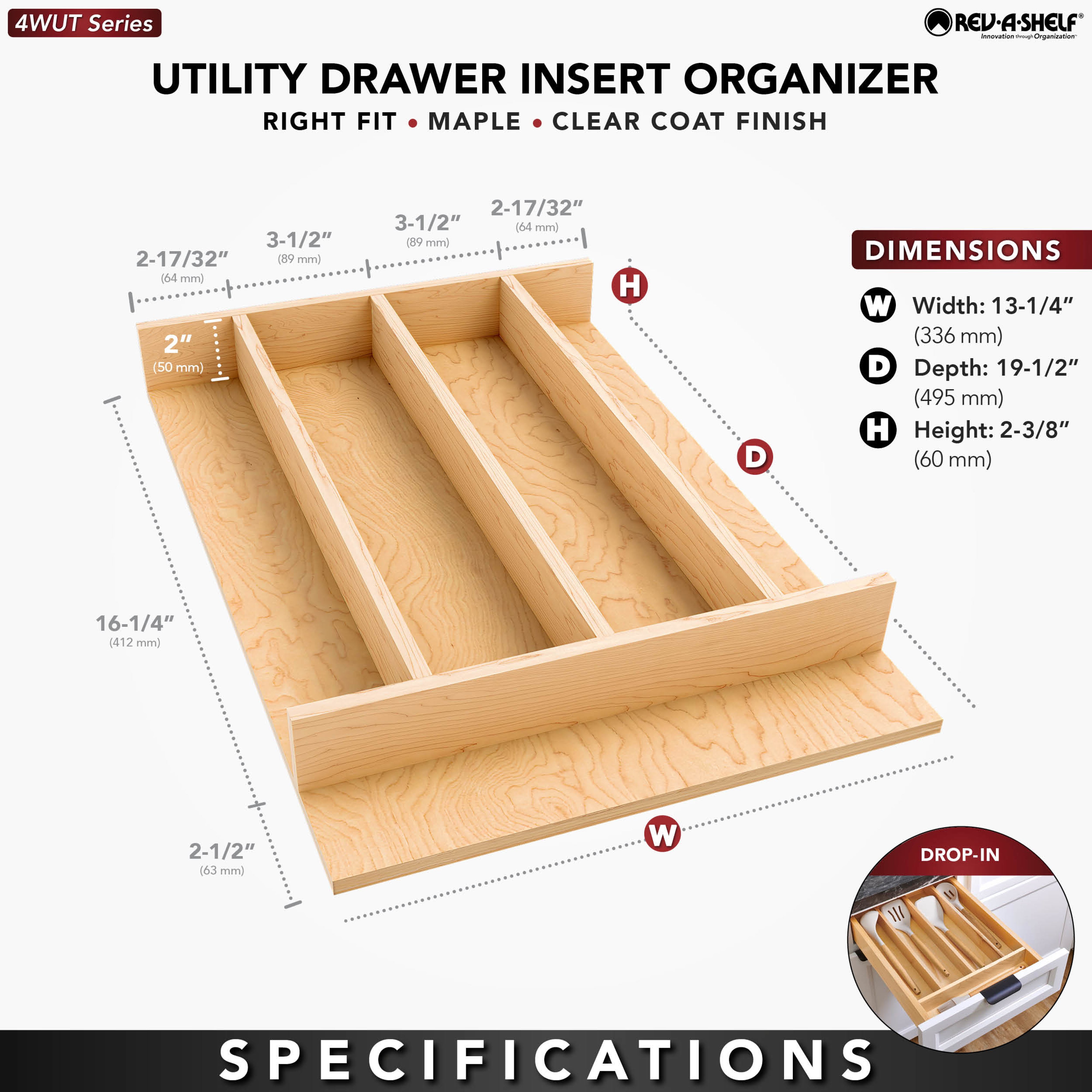 Rev-A-Shelf Natural Maple Right Size Utensil Drawer Insert, 13-1/4" x 19-1/2" - VMInnovations