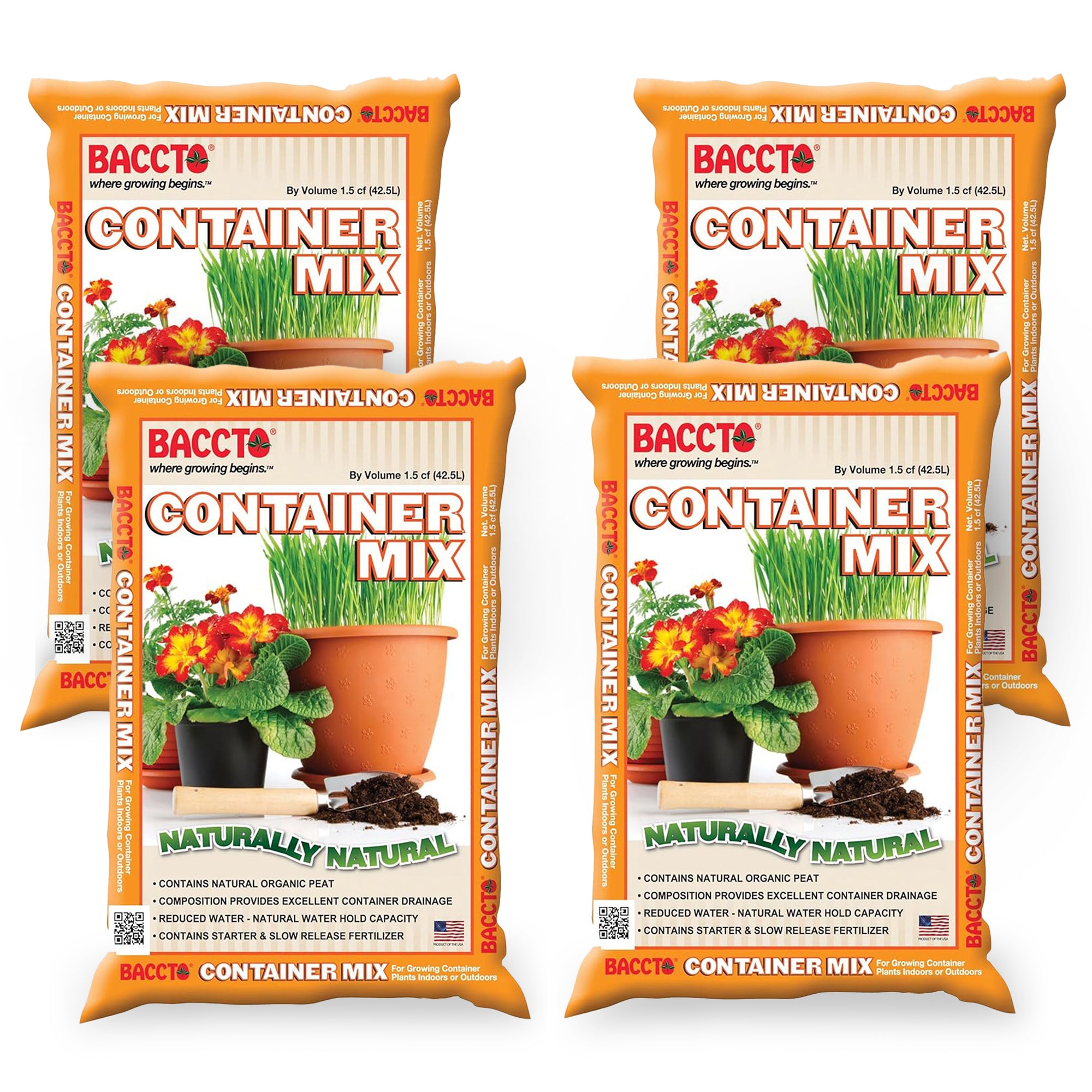 Michigan Peat Company BACCTO Container Planting Mix & Starter, 1.5 Cu Ft, 4 Pack