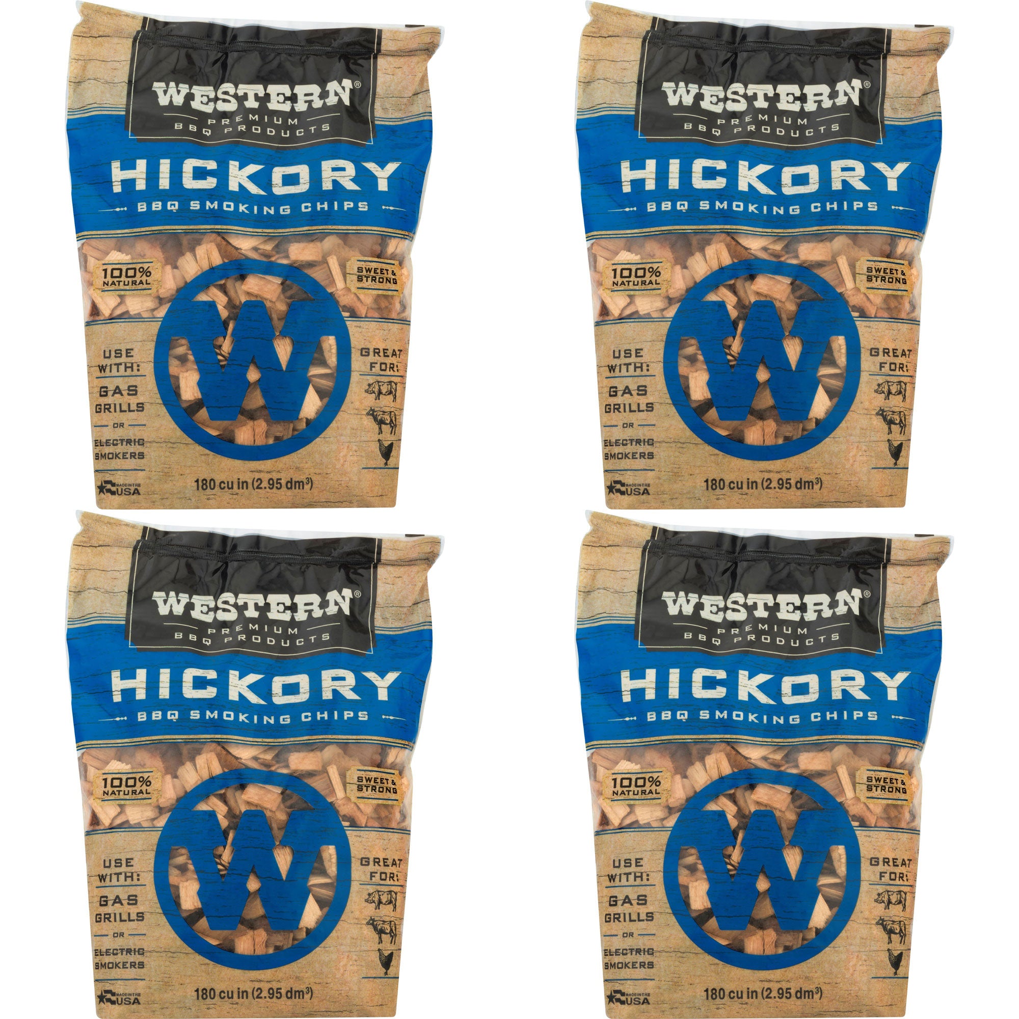 Western Premium BBQ 180 Cu In Hickory BBQ Grilling Smoking Wood Chips (4 Pack)