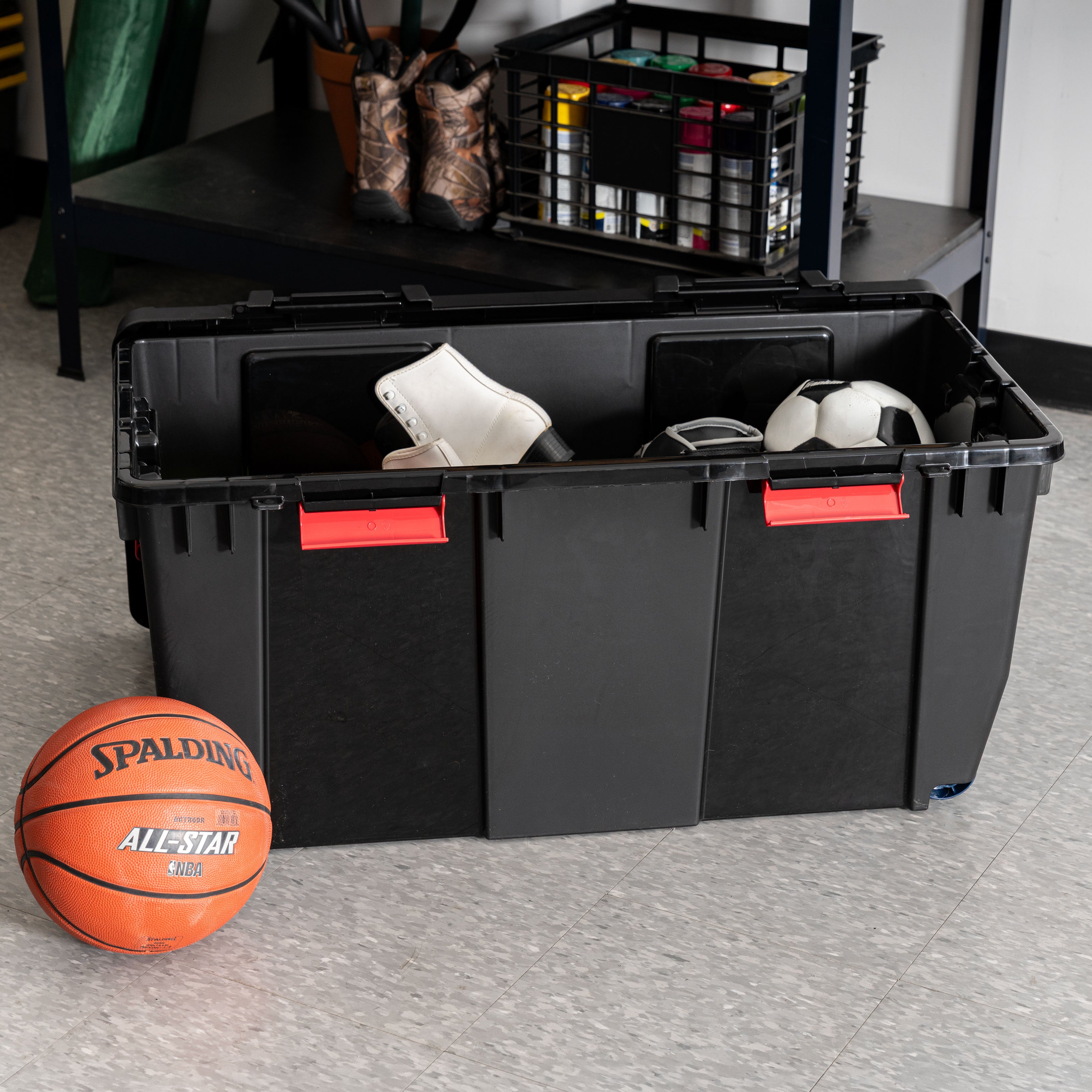 IRIS USA 32 Gallon Heavy Duty Rolling Storage Bins with Lids, Black, (Open Box)