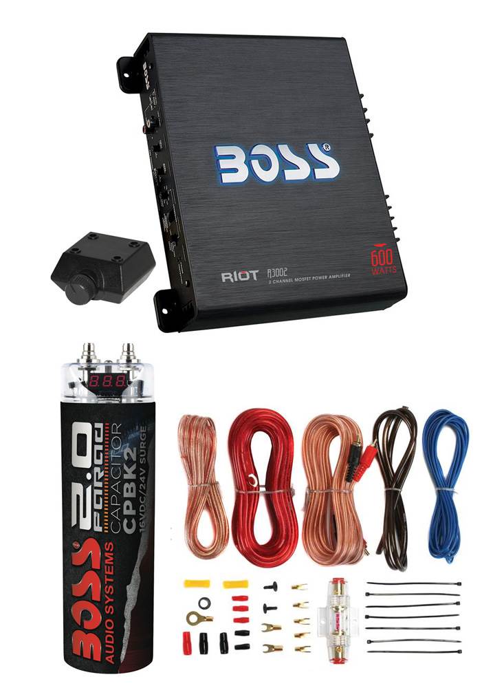 Boss R3002 600W 2-Channel Amplifier + Remote + 2 Farad Car Capacitor + Amp Kit
