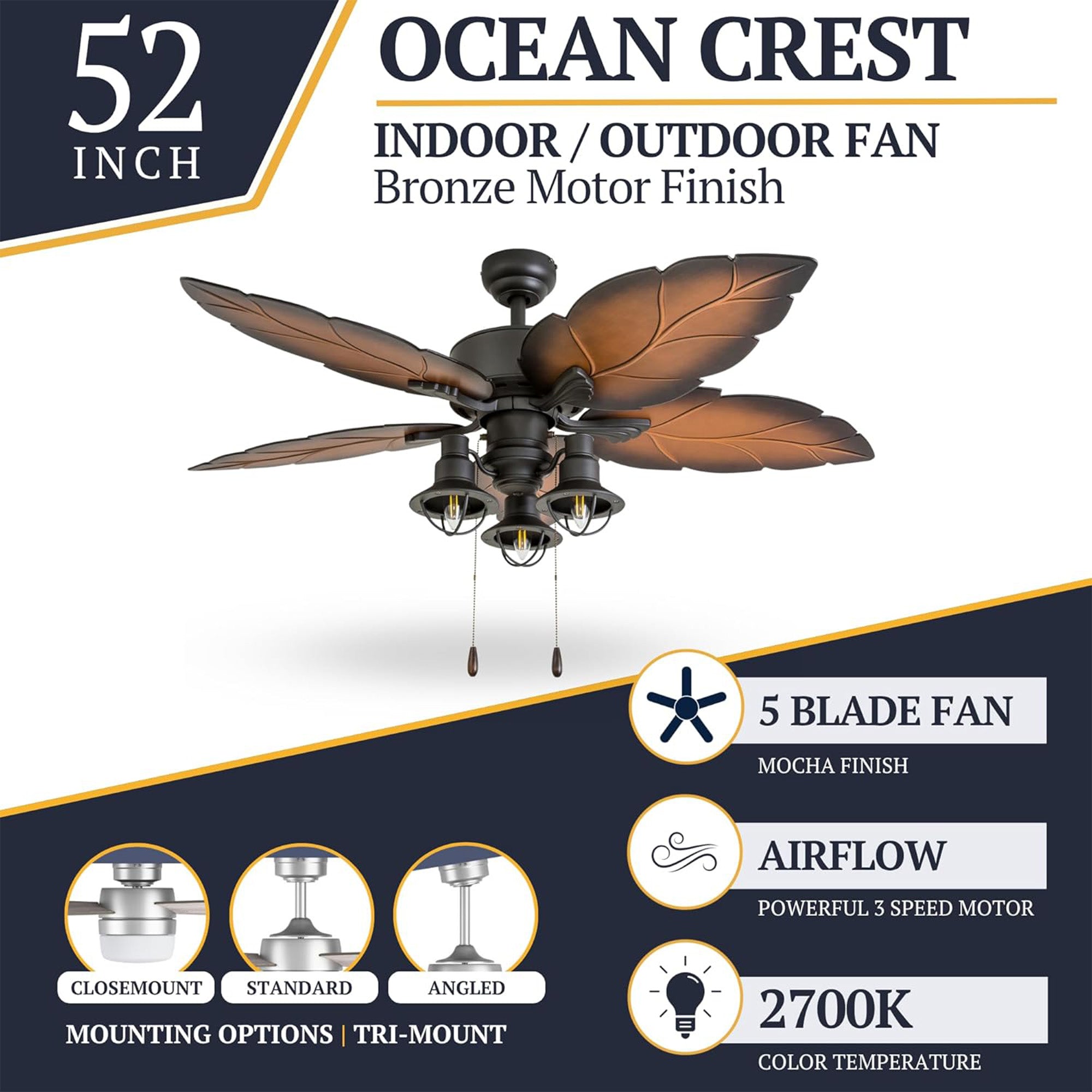 Prominence Home Ocean Crest 52" Ceiling Fan with Light and Pull Chain, Bronze - VMInnovations